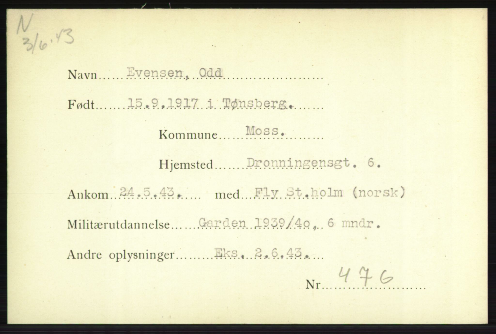 Forsvarets Overkommando. 2. kontor. Arkiv 8.1. Mottakersentralen FDE og FO.II, RA/RAFA-6952/P/Pa/L0005b: Eriksen - Fjellvang, 1940-1945, s. 176
