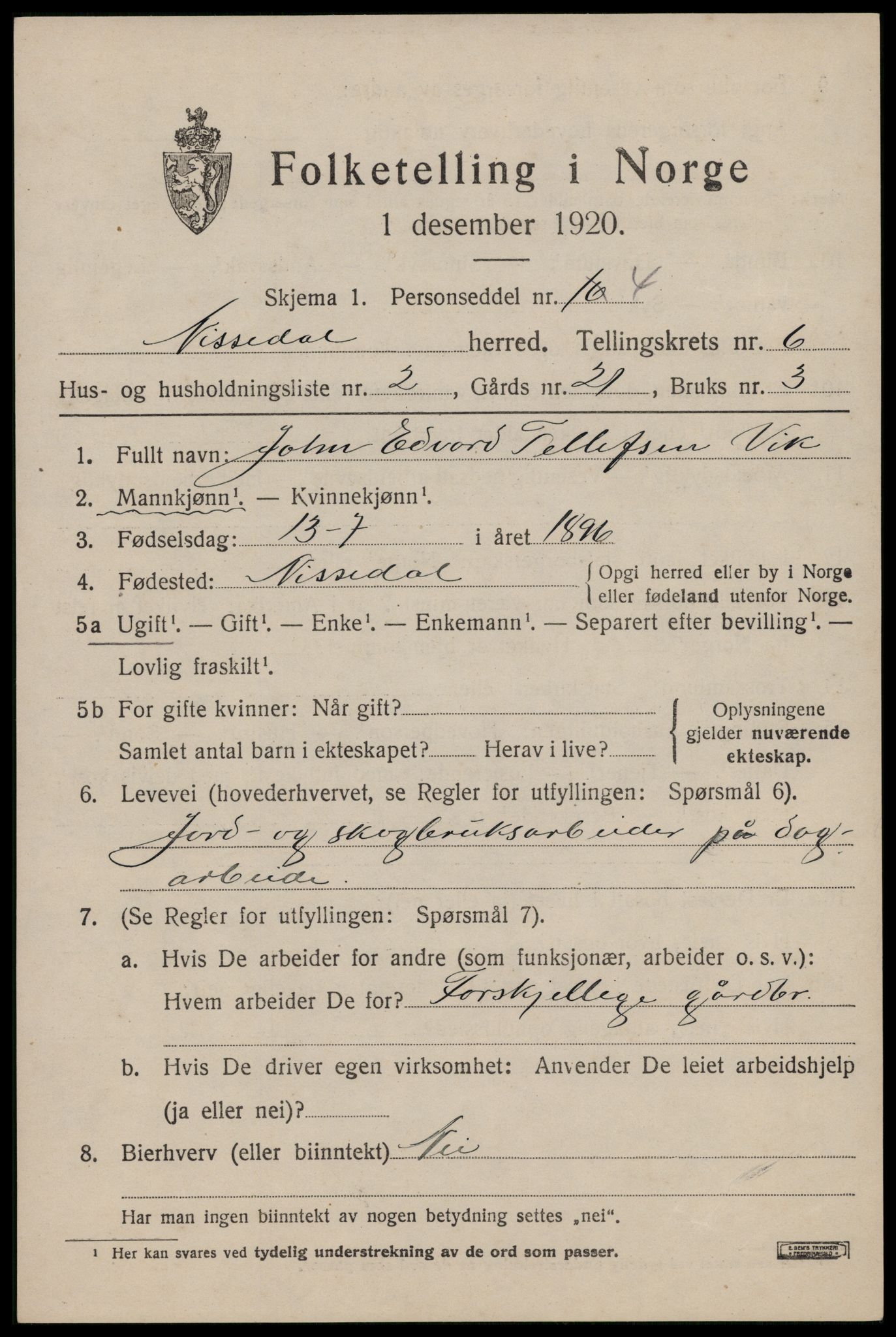 SAKO, Folketelling 1920 for 0830 Nissedal herred, 1920, s. 2301