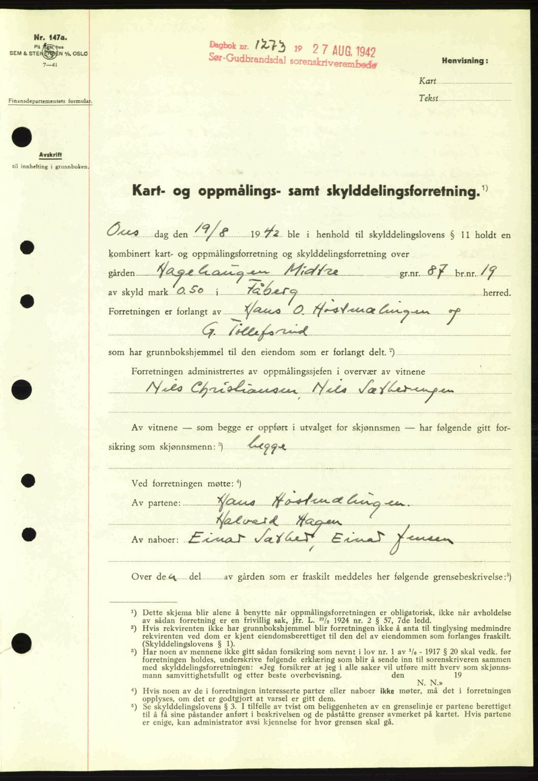 Sør-Gudbrandsdal tingrett, SAH/TING-004/H/Hb/Hbd/L0011: Pantebok nr. A11, 1942-1943, Dagboknr: 1273/1942