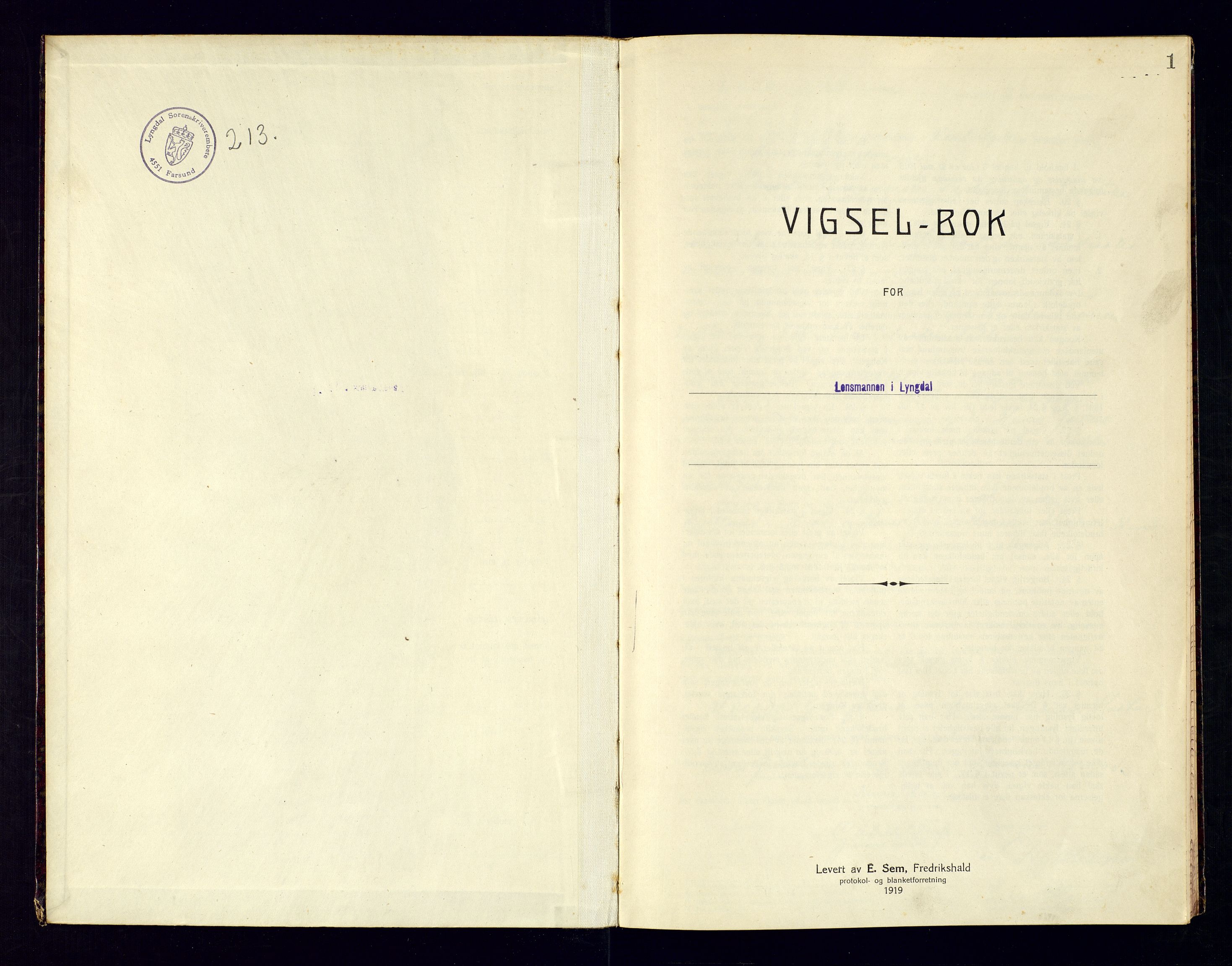 Lyngdal sorenskriveri, SAK/1221-0004/L/Ld/L0009/0002: Lysing og vigsel / Vigselbok, 1920-1922, s. 1