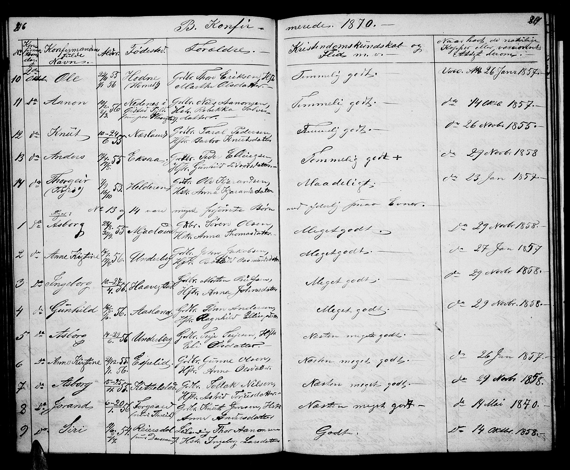Åseral sokneprestkontor, AV/SAK-1111-0051/F/Fb/L0001: Klokkerbok nr. B 1, 1856-1877, s. 216-217