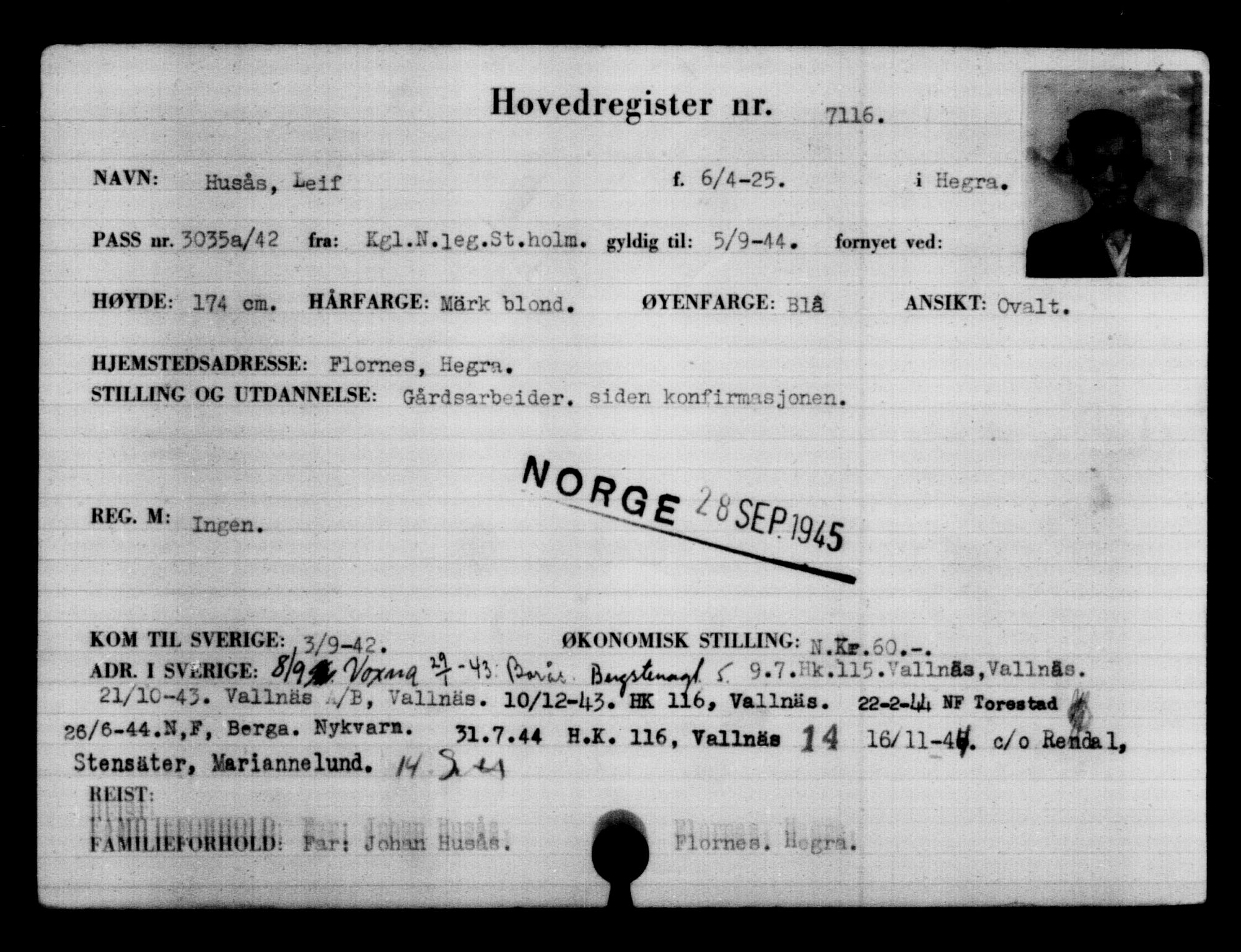 Utenriksstasjonene, Legasjonen i Stockholm, Flyktningkontoret, AV/RA-S-6753/V/Va/L0005: Kjesäterkartoteket, flyktning nr. 6600-9417, 1940-1945, s. 620