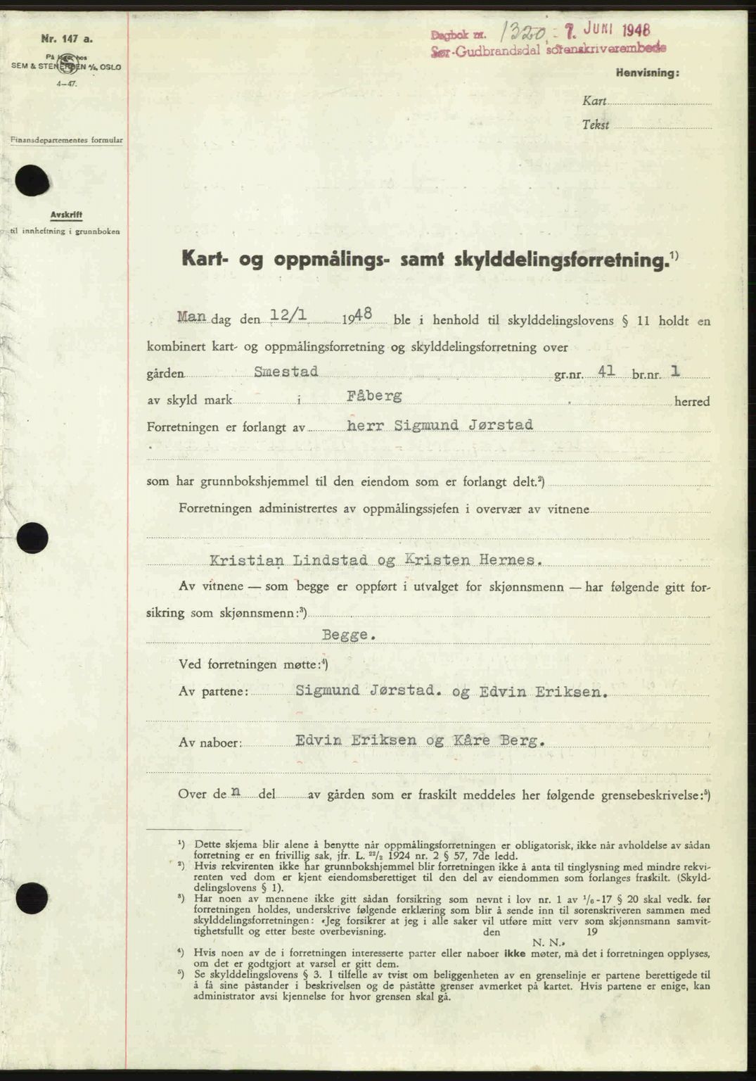 Sør-Gudbrandsdal tingrett, SAH/TING-004/H/Hb/Hbd/L0022: Pantebok nr. A22, 1948-1948, Dagboknr: 1320/1948