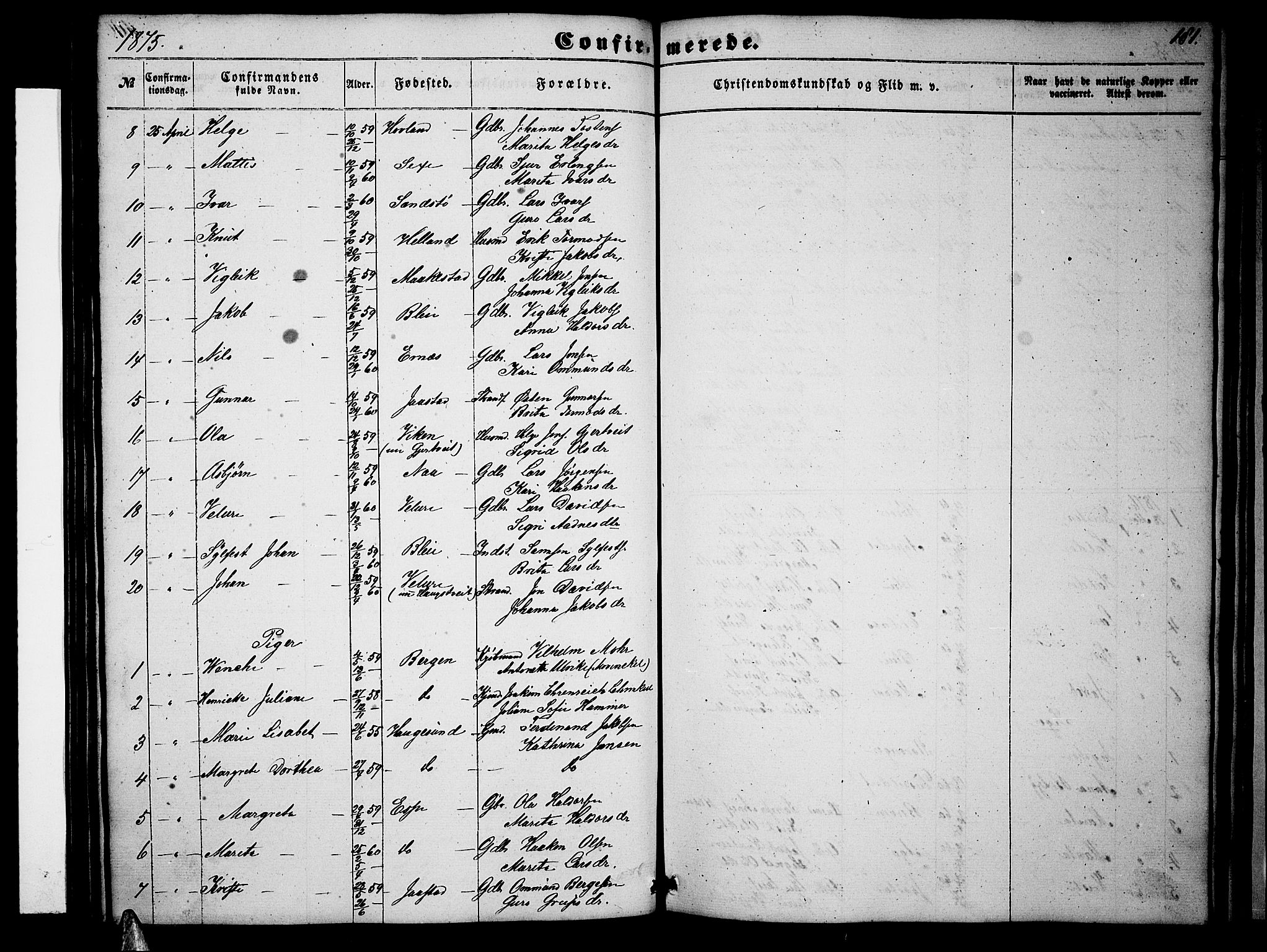 Ullensvang sokneprestembete, AV/SAB-A-78701/H/Hab: Klokkerbok nr. B 10, 1858-1886, s. 181