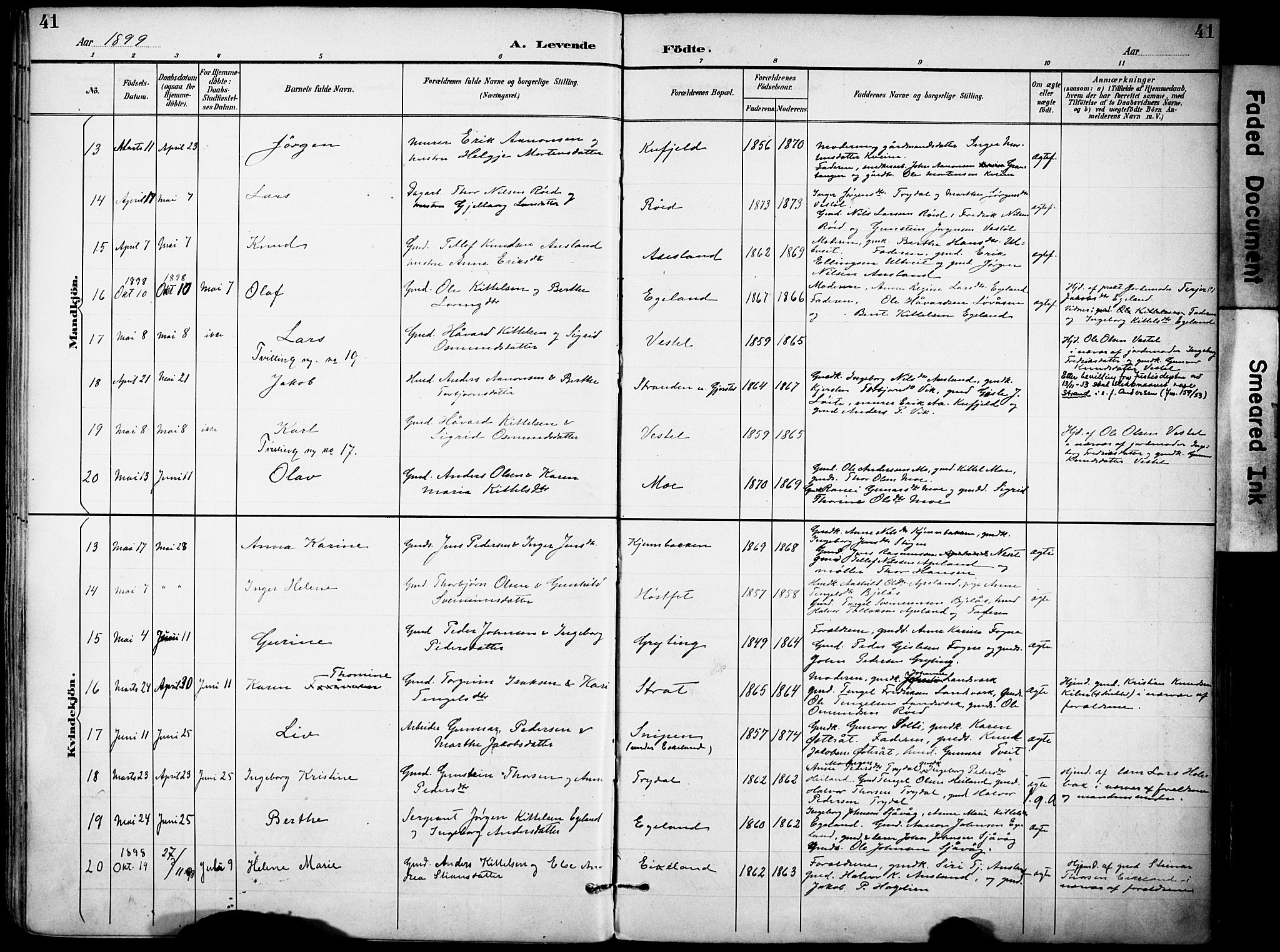 Gjerstad sokneprestkontor, AV/SAK-1111-0014/F/Fa/Faa/L0010: Ministerialbok nr. A 10, 1891-1902, s. 41