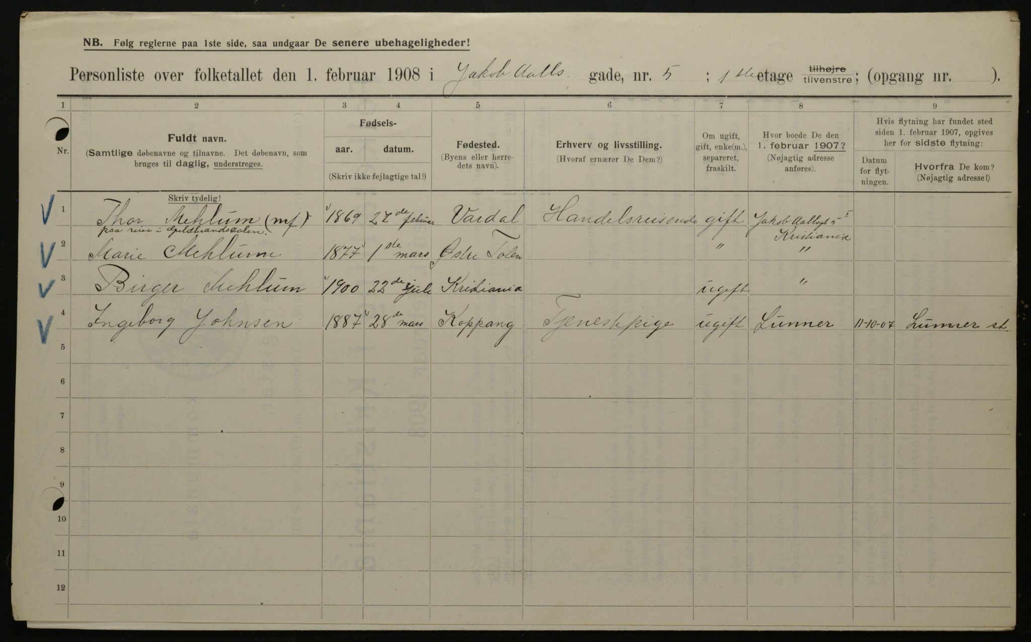 OBA, Kommunal folketelling 1.2.1908 for Kristiania kjøpstad, 1908, s. 40142