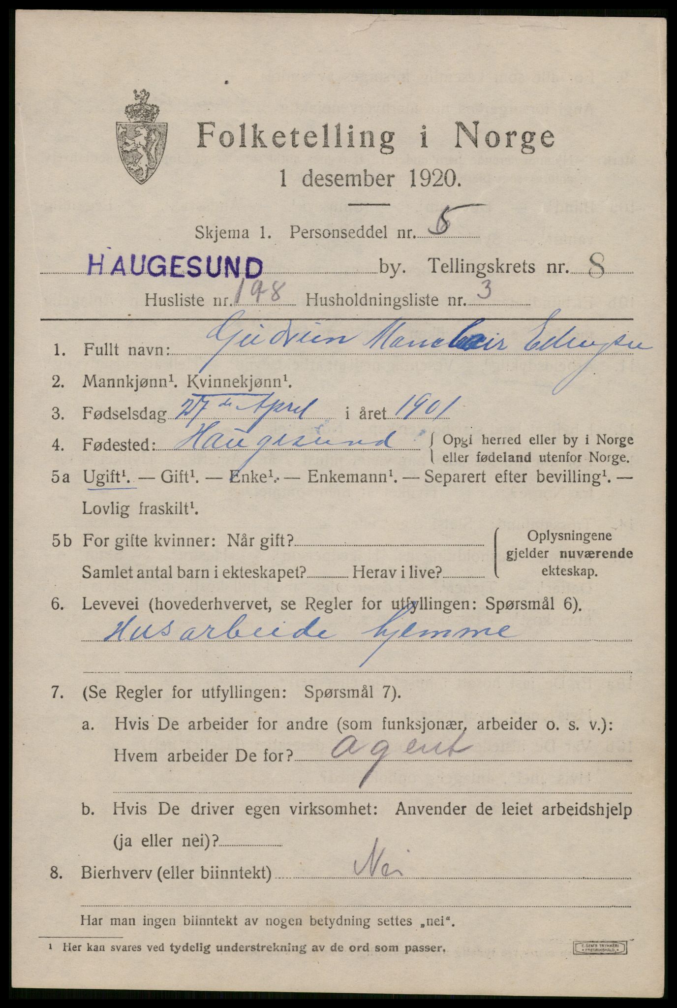 SAST, Folketelling 1920 for 1106 Haugesund kjøpstad, 1920, s. 30587