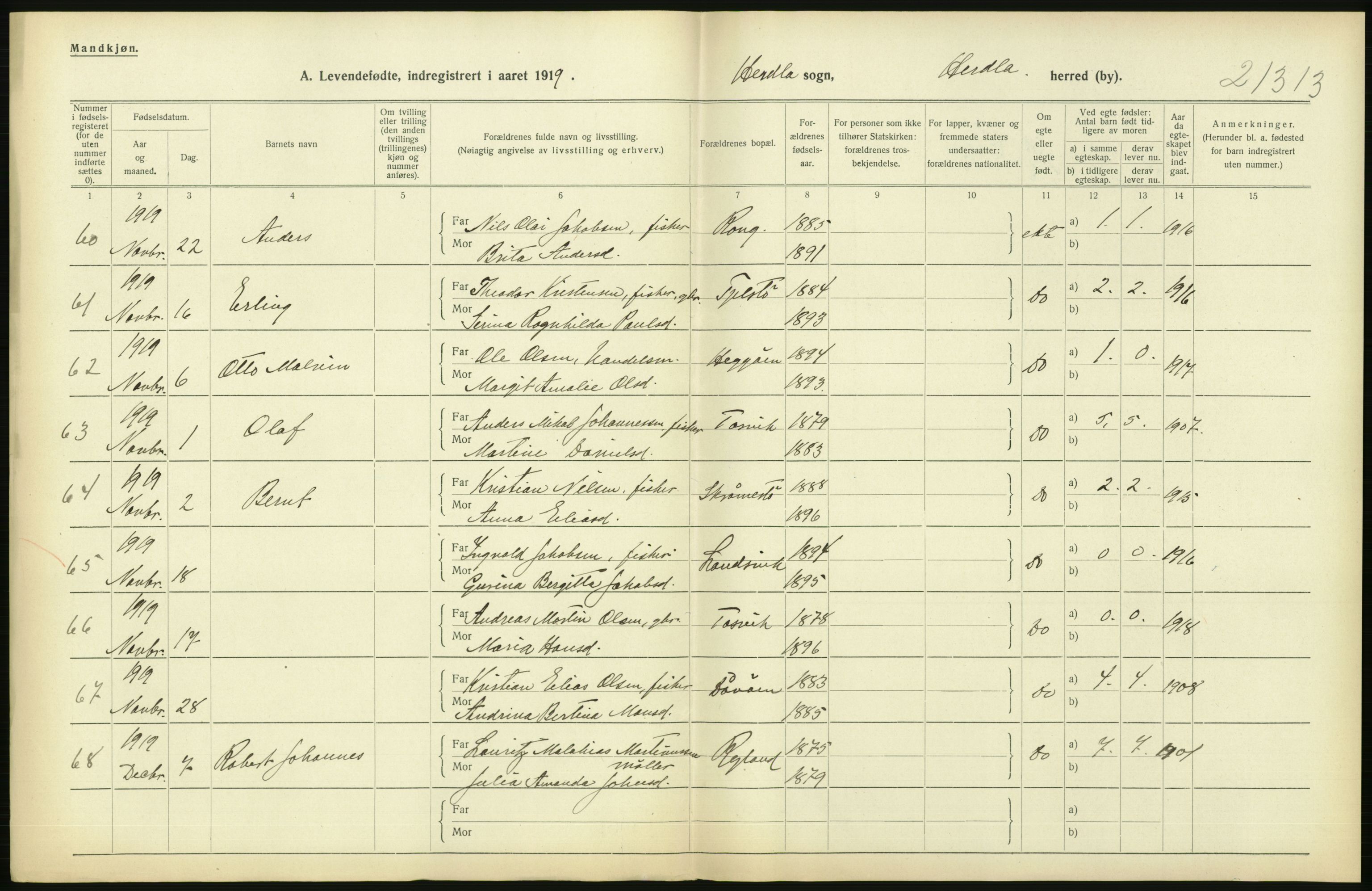 Statistisk sentralbyrå, Sosiodemografiske emner, Befolkning, RA/S-2228/D/Df/Dfb/Dfbi/L0031: Hordaland fylke: Levendefødte menn og kvinner. Bygder., 1919, s. 470