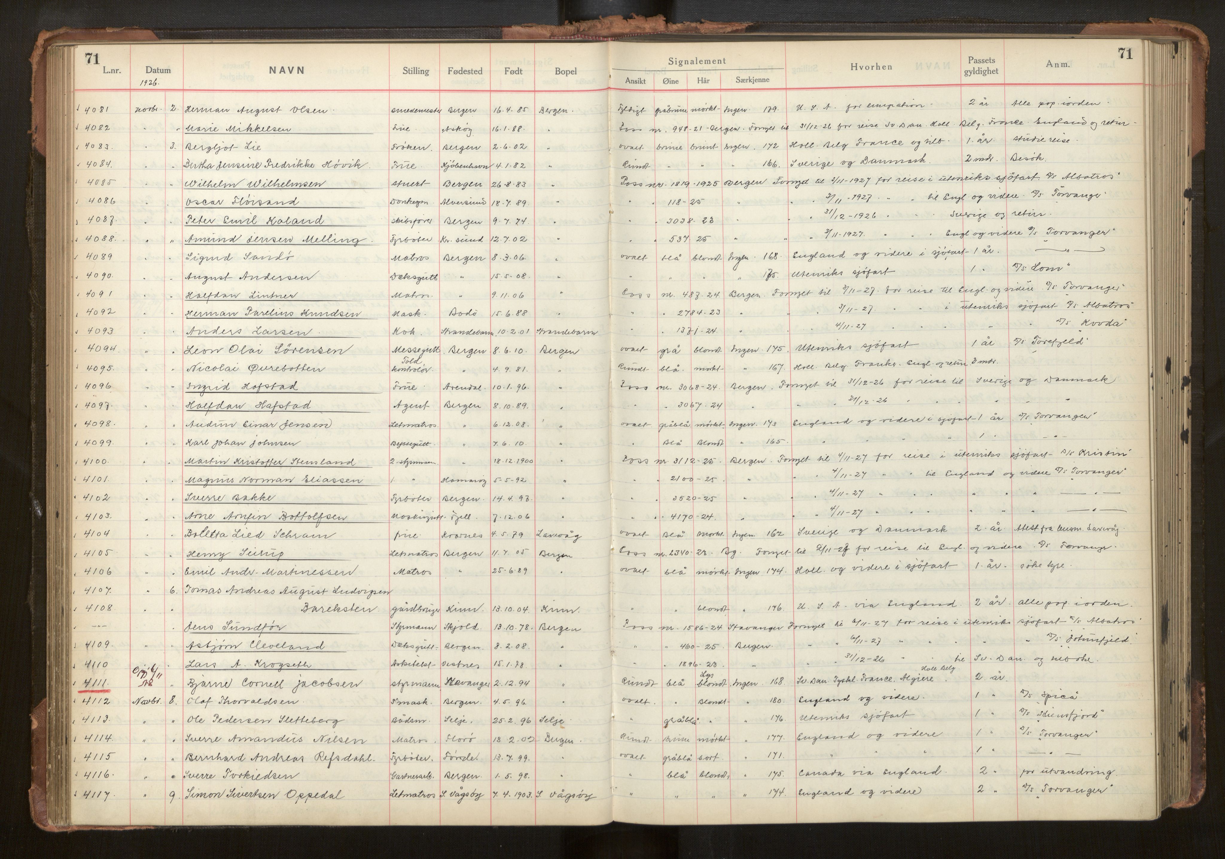 Bergen politikammer / politidistrikt, AV/SAB-A-60401/L/La/Lab/L0011: Passprotokoll, 1926-1928