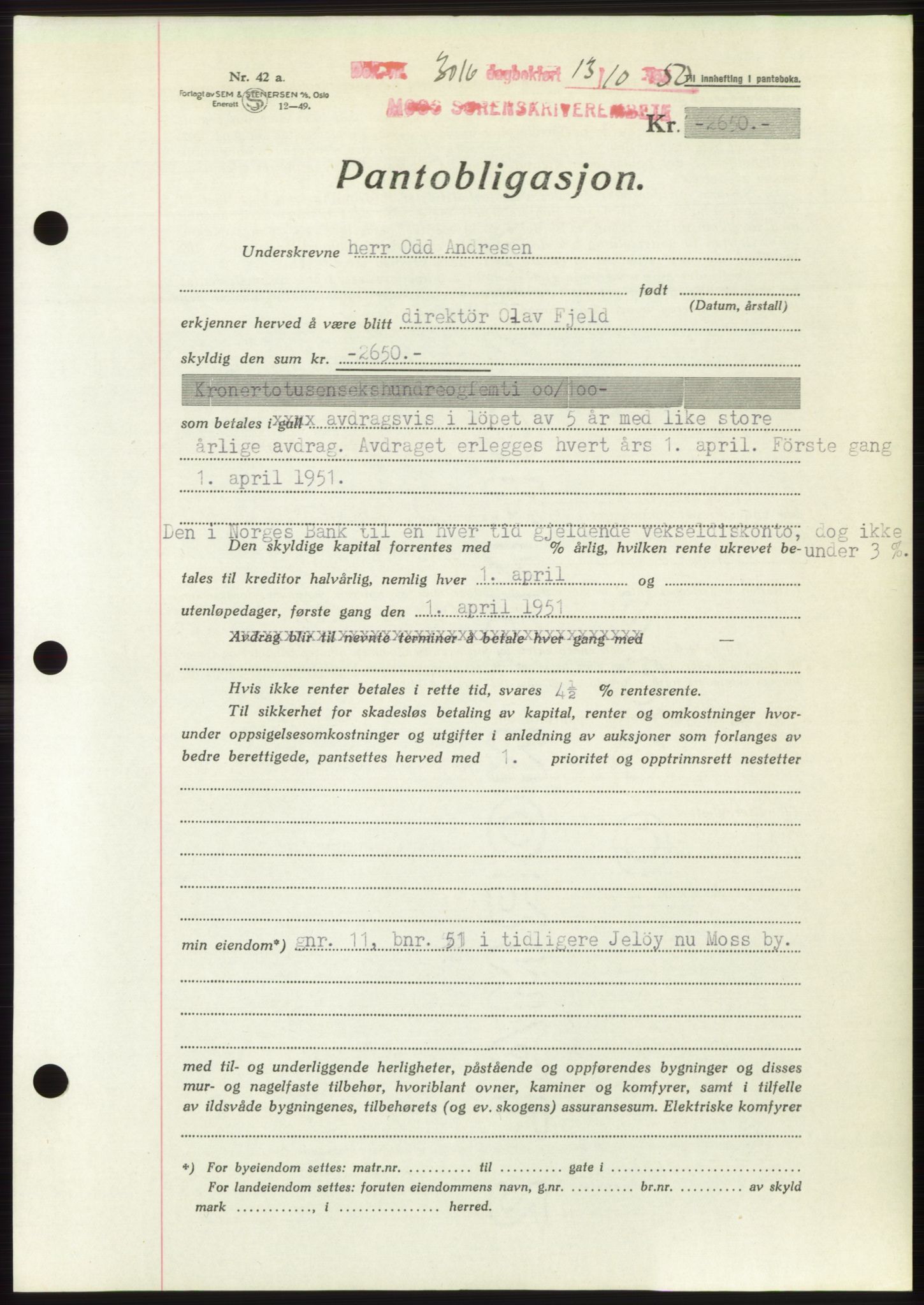 Moss sorenskriveri, SAO/A-10168: Pantebok nr. B25, 1950-1950, Dagboknr: 3016/1950