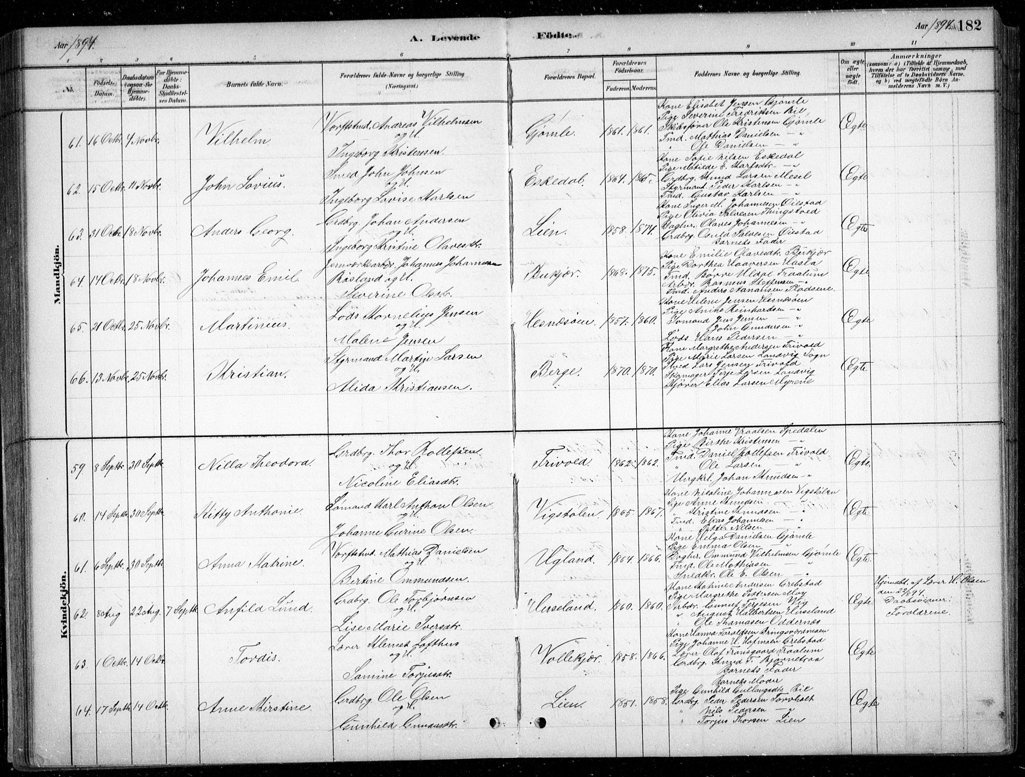 Fjære sokneprestkontor, AV/SAK-1111-0011/F/Fb/L0011: Klokkerbok nr. B 11, 1881-1905, s. 182