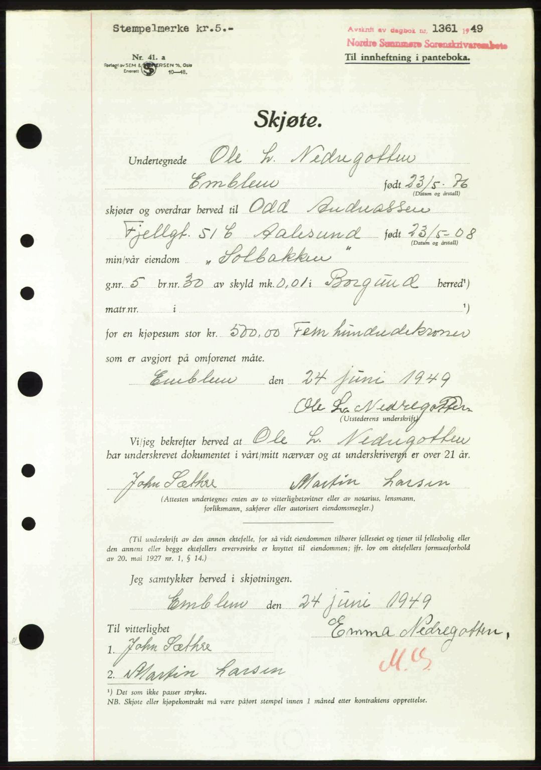 Nordre Sunnmøre sorenskriveri, AV/SAT-A-0006/1/2/2C/2Ca: Pantebok nr. A31, 1949-1949, Dagboknr: 1361/1949