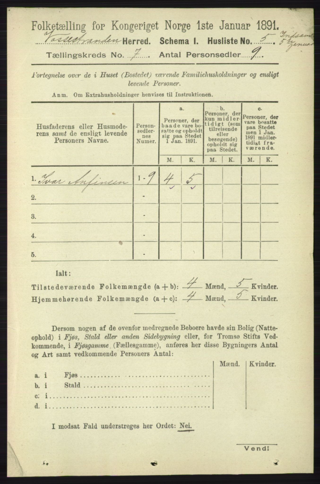 RA, Folketelling 1891 for 1236 Vossestrand herred, 1891, s. 2317