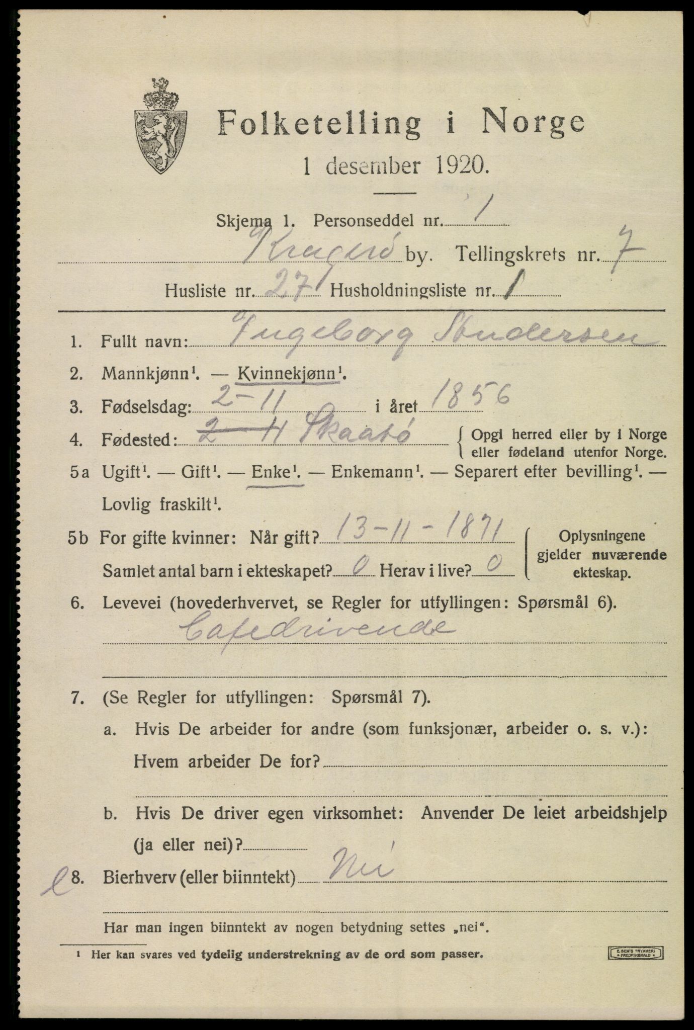 SAKO, Folketelling 1920 for 0801 Kragerø kjøpstad, 1920, s. 9997