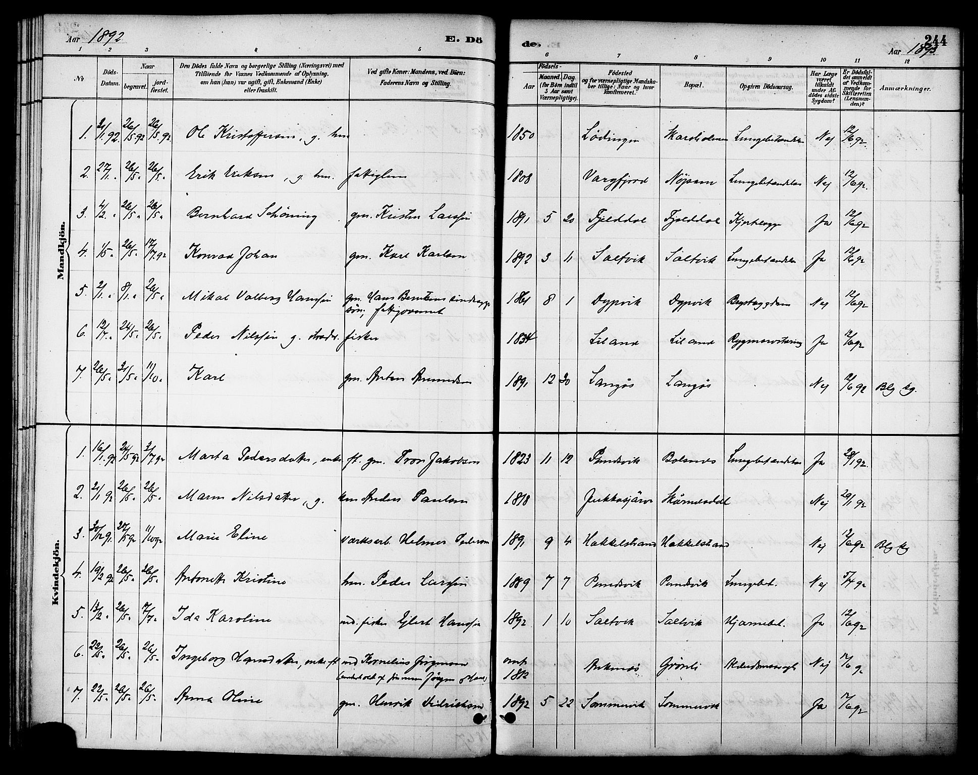 Ministerialprotokoller, klokkerbøker og fødselsregistre - Nordland, AV/SAT-A-1459/863/L0898: Ministerialbok nr. 863A10, 1886-1897, s. 244
