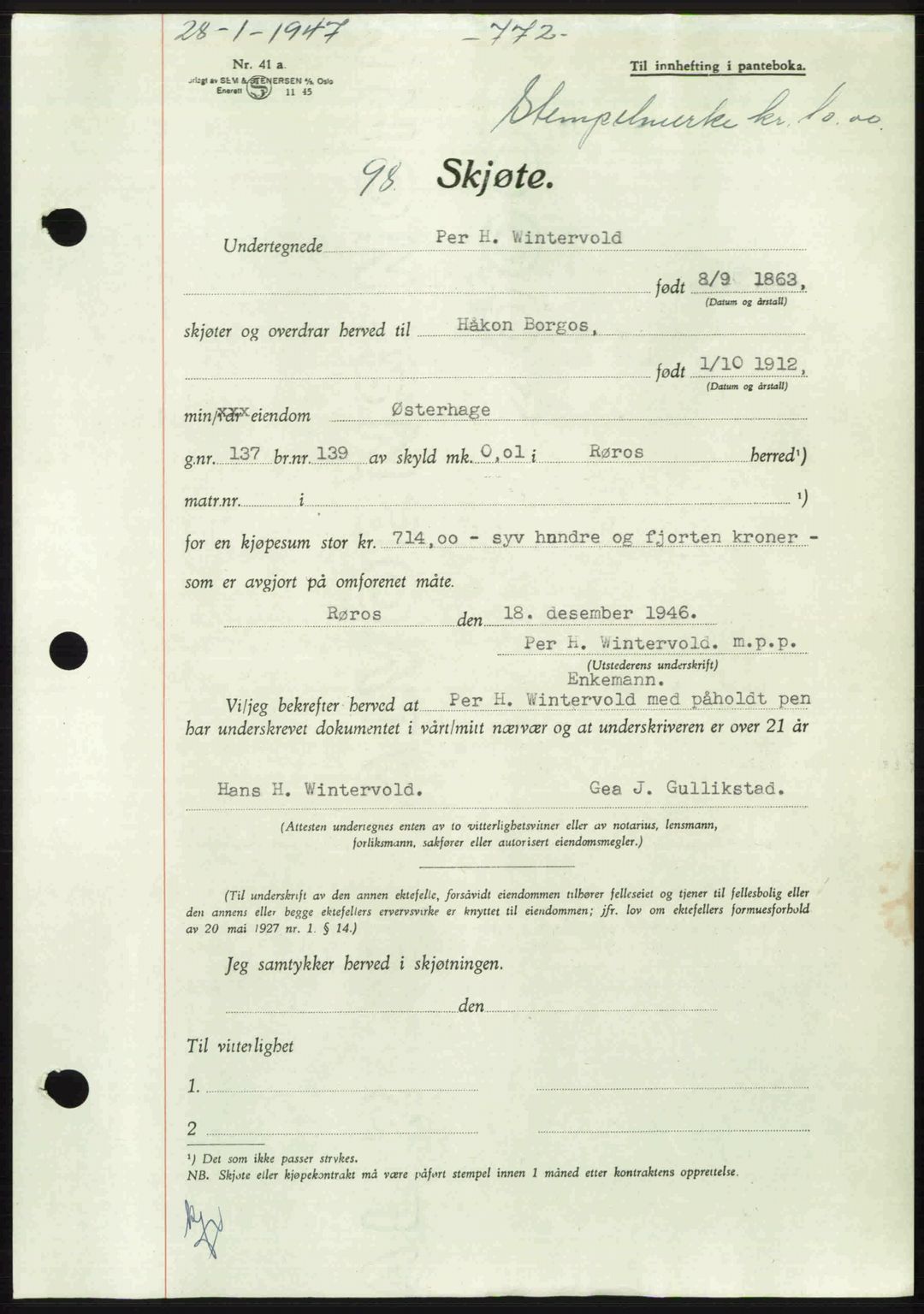 Gauldal sorenskriveri, SAT/A-0014/1/2/2C: Pantebok nr. A3, 1947-1947, Dagboknr: 98/1947