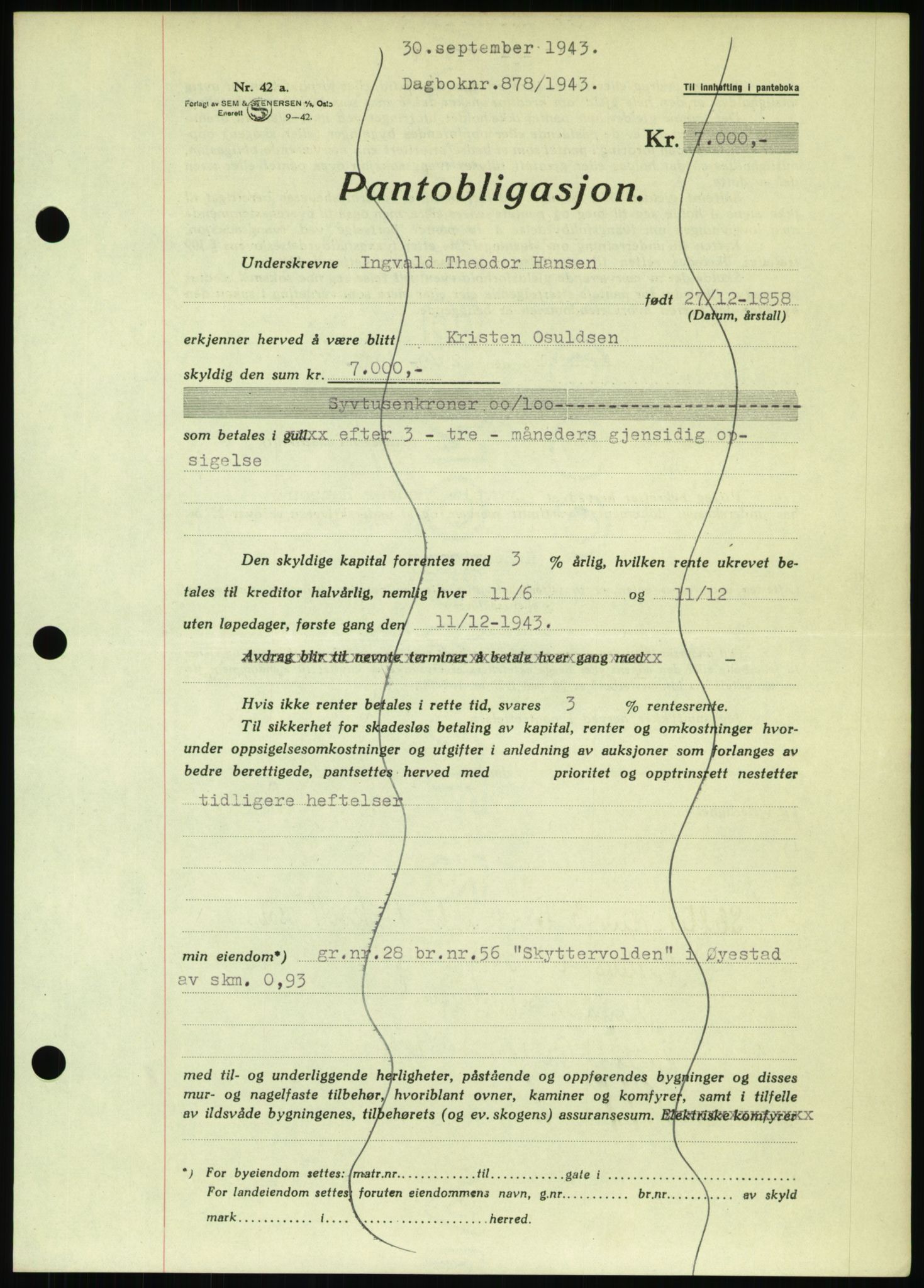 Nedenes sorenskriveri, SAK/1221-0006/G/Gb/Gbb/L0002: Pantebok nr. II, 1942-1945, Dagboknr: 878/1943