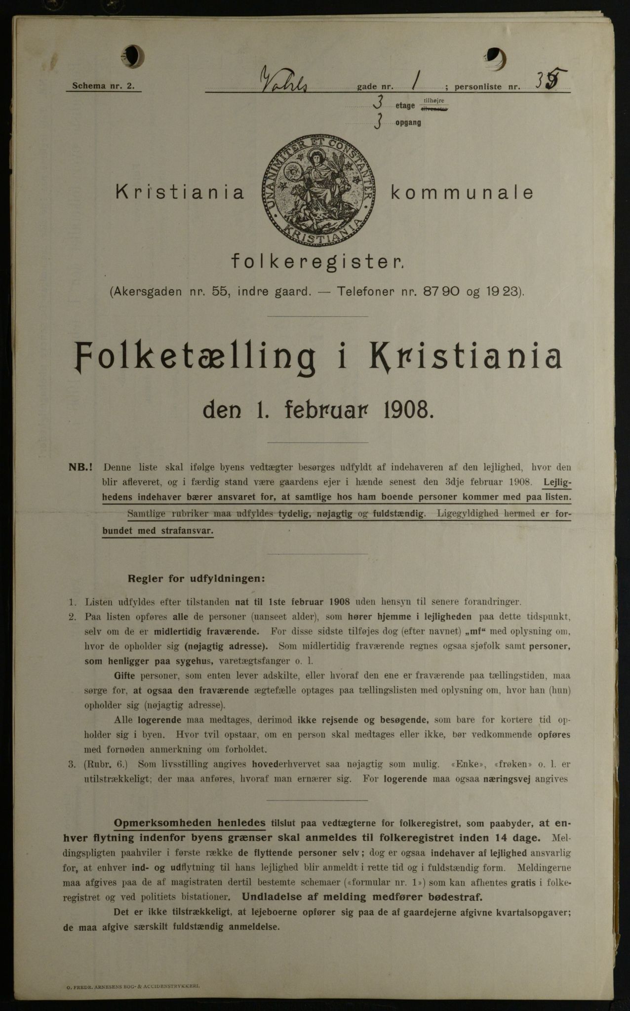 OBA, Kommunal folketelling 1.2.1908 for Kristiania kjøpstad, 1908, s. 109001