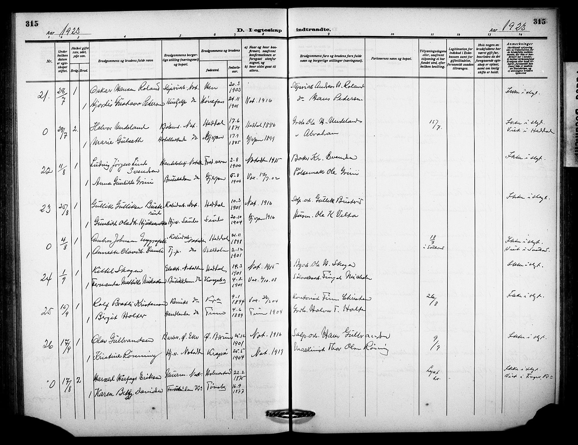 Notodden kirkebøker, AV/SAKO-A-290/G/Ga/L0001: Klokkerbok nr. 1, 1912-1923, s. 315