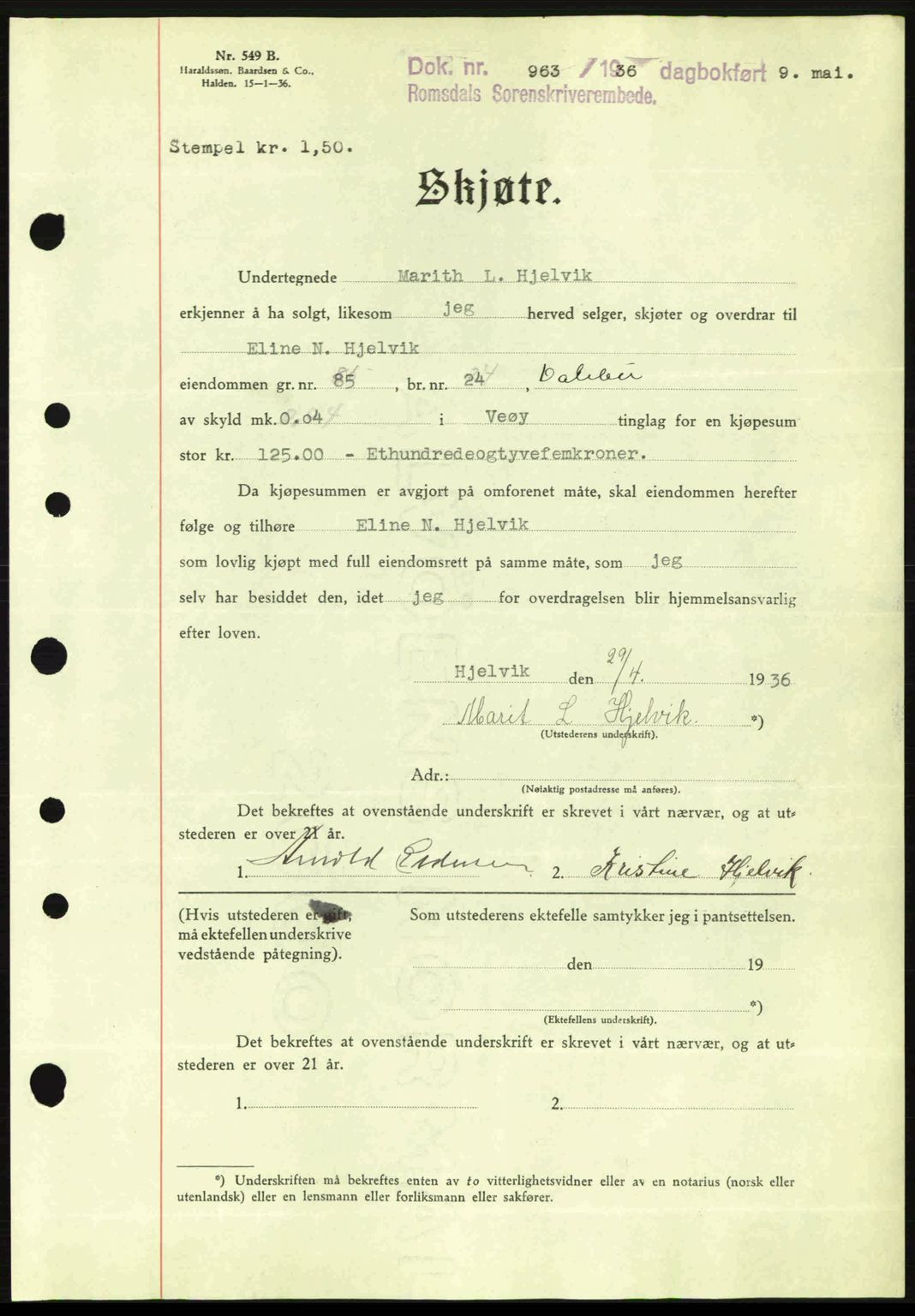 Romsdal sorenskriveri, SAT/A-4149/1/2/2C: Pantebok nr. A1, 1936-1936, Dagboknr: 963/1936