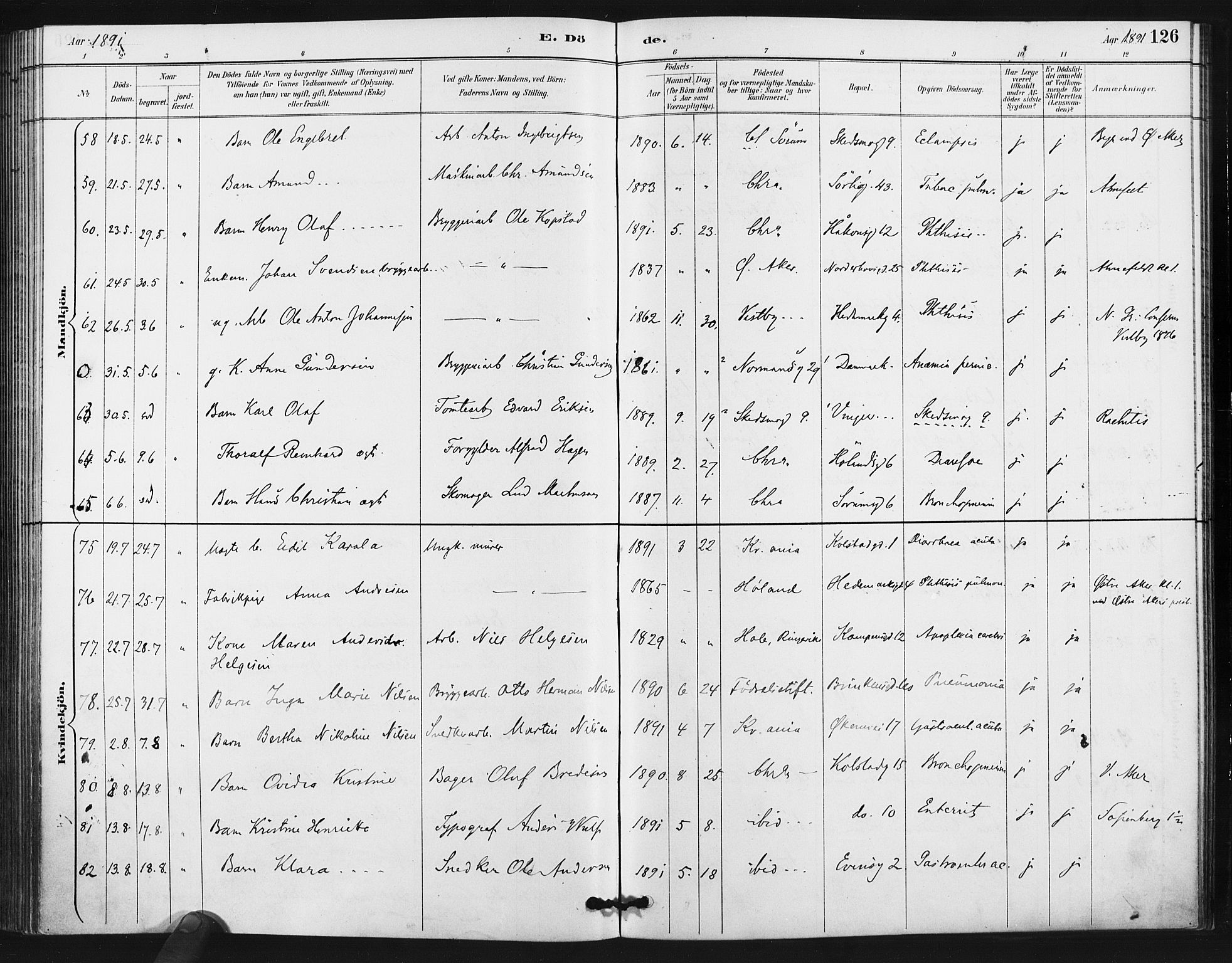 Kampen prestekontor Kirkebøker, AV/SAO-A-10853/F/Fa/L0006: Ministerialbok nr. I 6, 1889-1896, s. 126