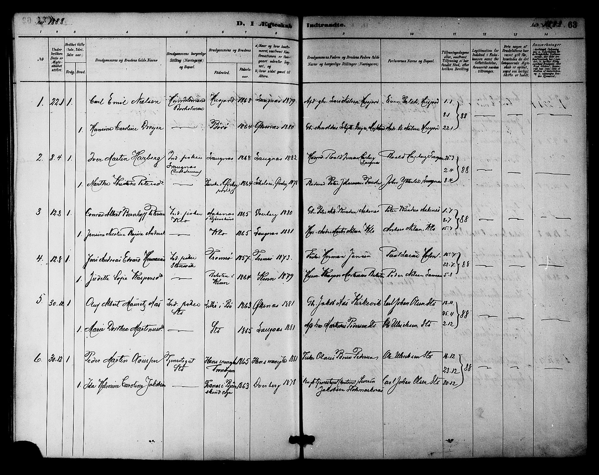 Ministerialprotokoller, klokkerbøker og fødselsregistre - Nordland, AV/SAT-A-1459/894/L1355: Ministerialbok nr. 894A01, 1885-1896, s. 63