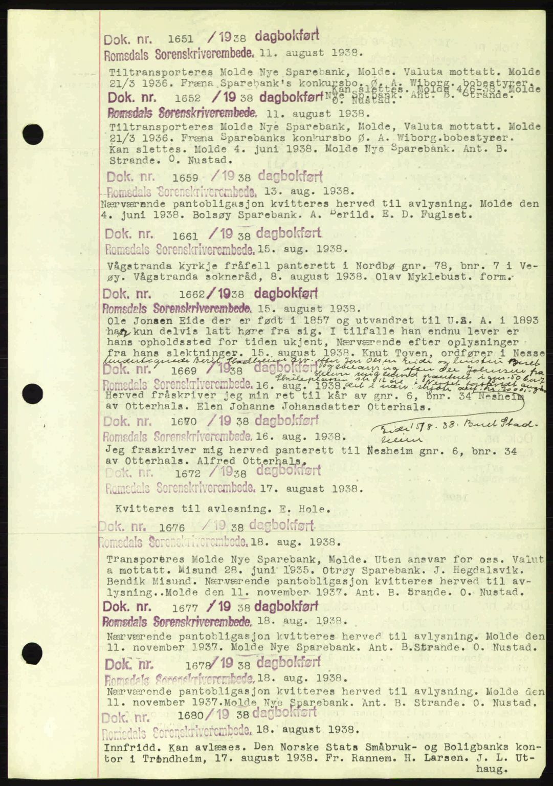 Romsdal sorenskriveri, AV/SAT-A-4149/1/2/2C: Pantebok nr. C1a, 1936-1945, Dagboknr: 1651/1938