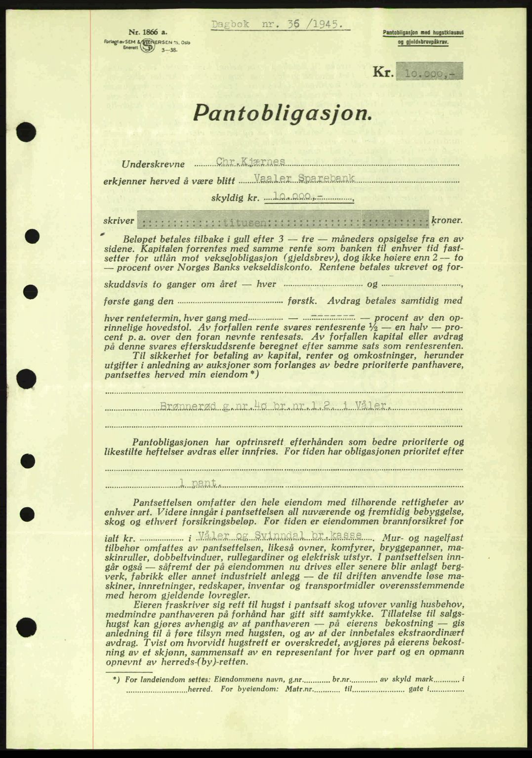 Moss sorenskriveri, SAO/A-10168: Pantebok nr. B13, 1943-1945, Dagboknr: 36/1945