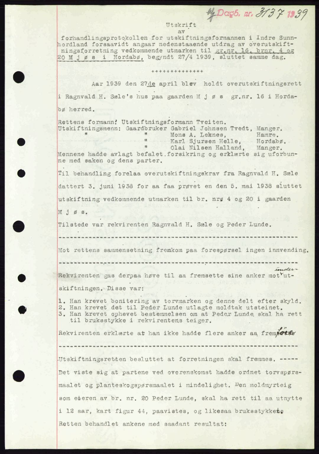 Nordhordland sorenskrivar, SAB/A-2901/1/G/Gb/Gbf/L0010: Pantebok nr. A10, 1939-1940, Dagboknr: 3137/1939