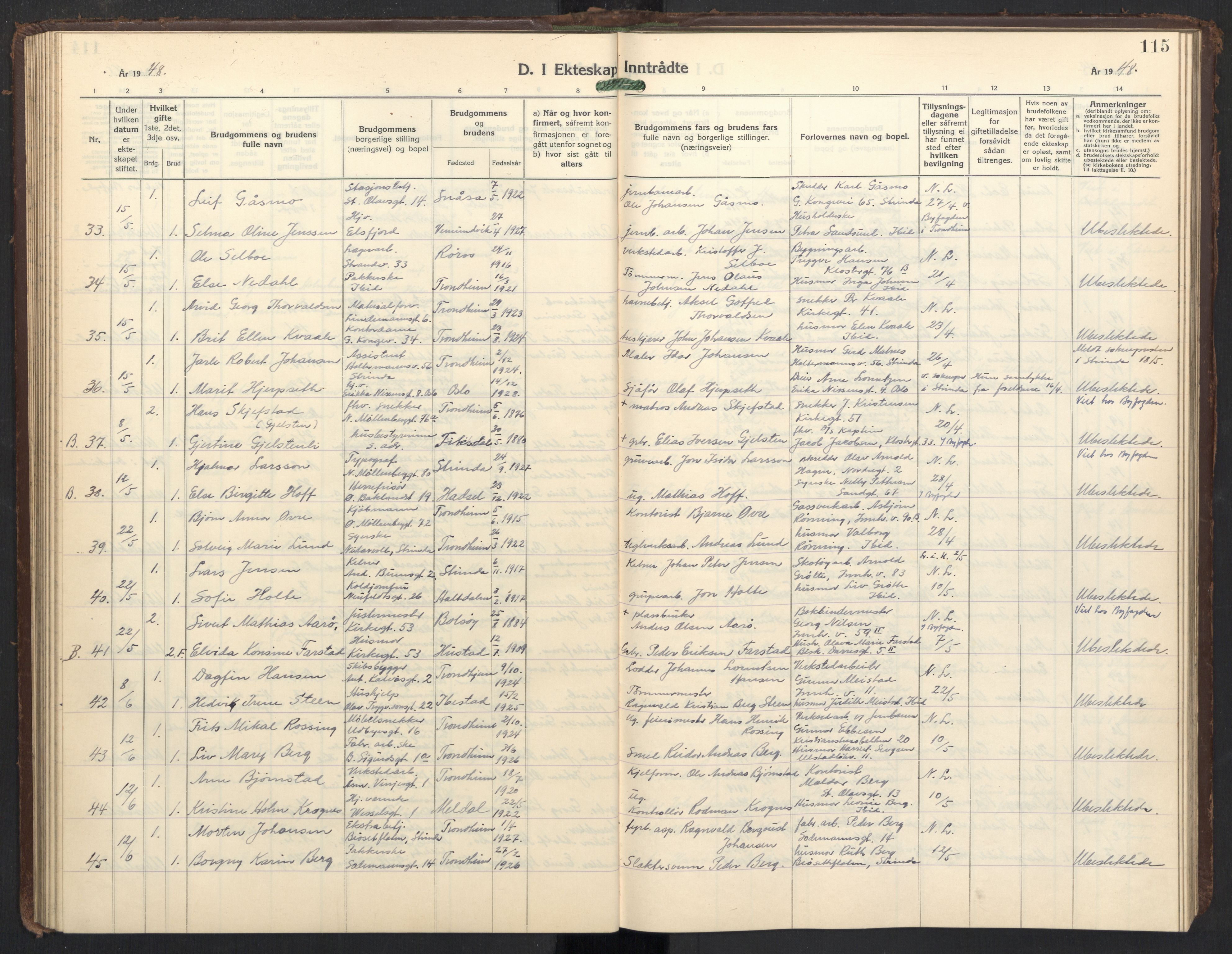 Ministerialprotokoller, klokkerbøker og fødselsregistre - Sør-Trøndelag, AV/SAT-A-1456/605/L0263: Klokkerbok nr. 605C10, 1938-1949, s. 115