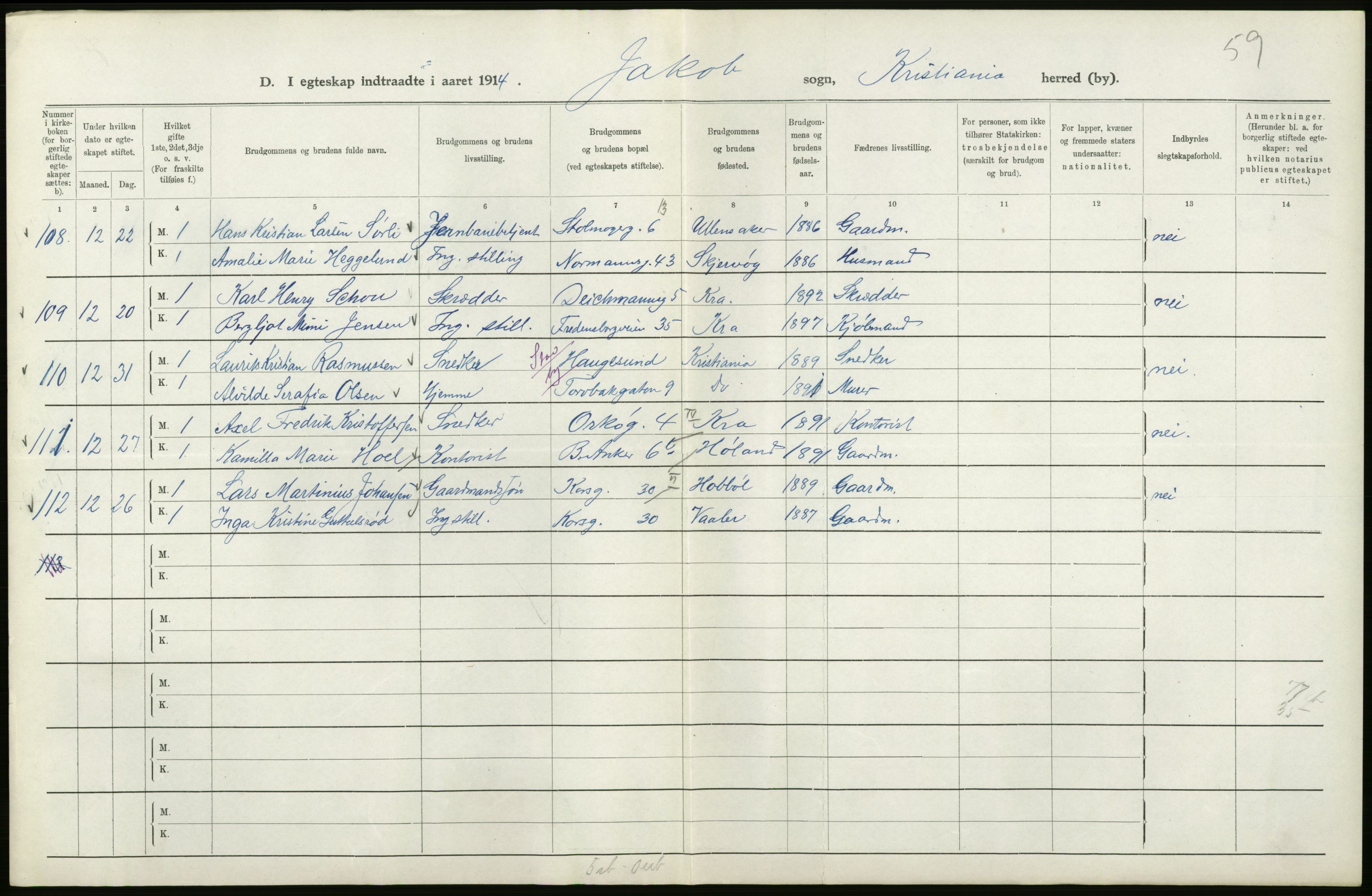 Statistisk sentralbyrå, Sosiodemografiske emner, Befolkning, AV/RA-S-2228/D/Df/Dfb/Dfbd/L0007: Kristiania: Gifte, 1914, s. 12