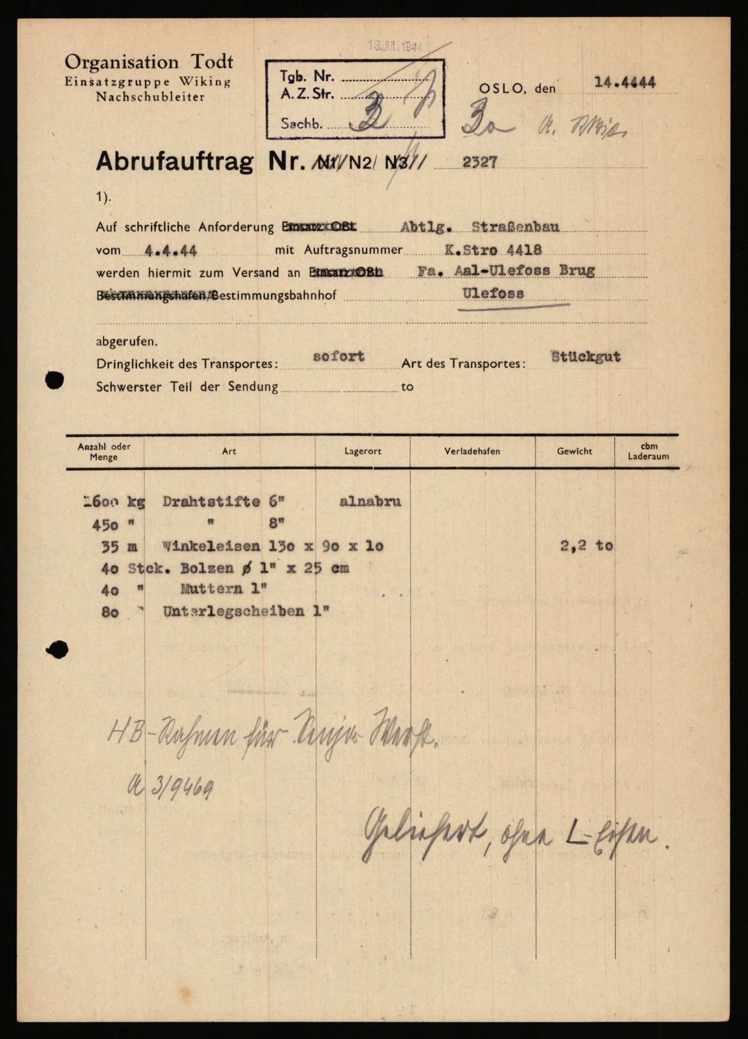 Tyske arkiver, Organisation Todt (OT), Einsatzgruppe Wiking, AV/RA-RAFA-2188/1/E/E6/E6c/L0007: Nachschub: Arkivkode 9451-9490, 1940-1945, s. 94