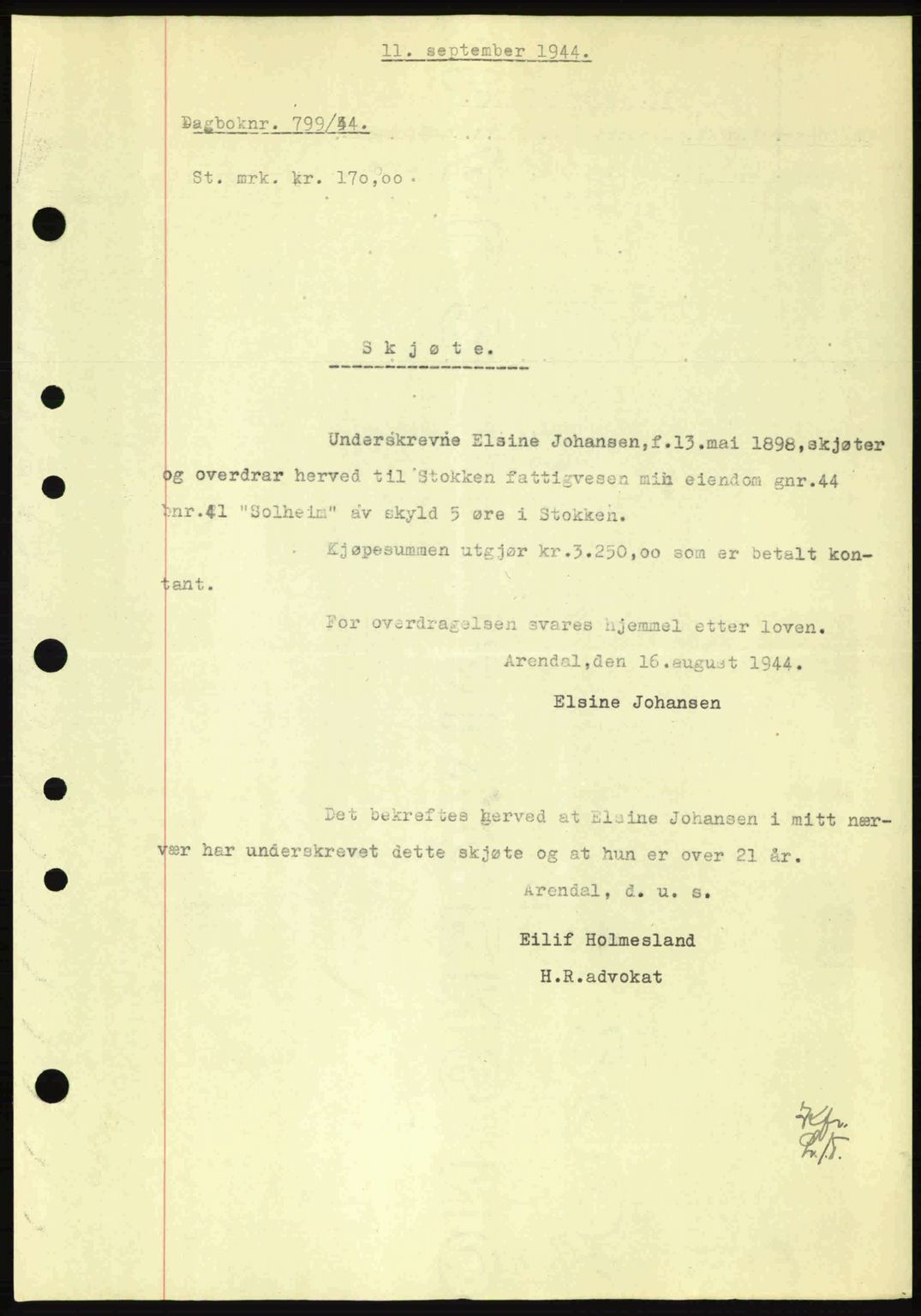 Nedenes sorenskriveri, SAK/1221-0006/G/Gb/Gba/L0052: Pantebok nr. A6a, 1944-1945, Dagboknr: 799/1944