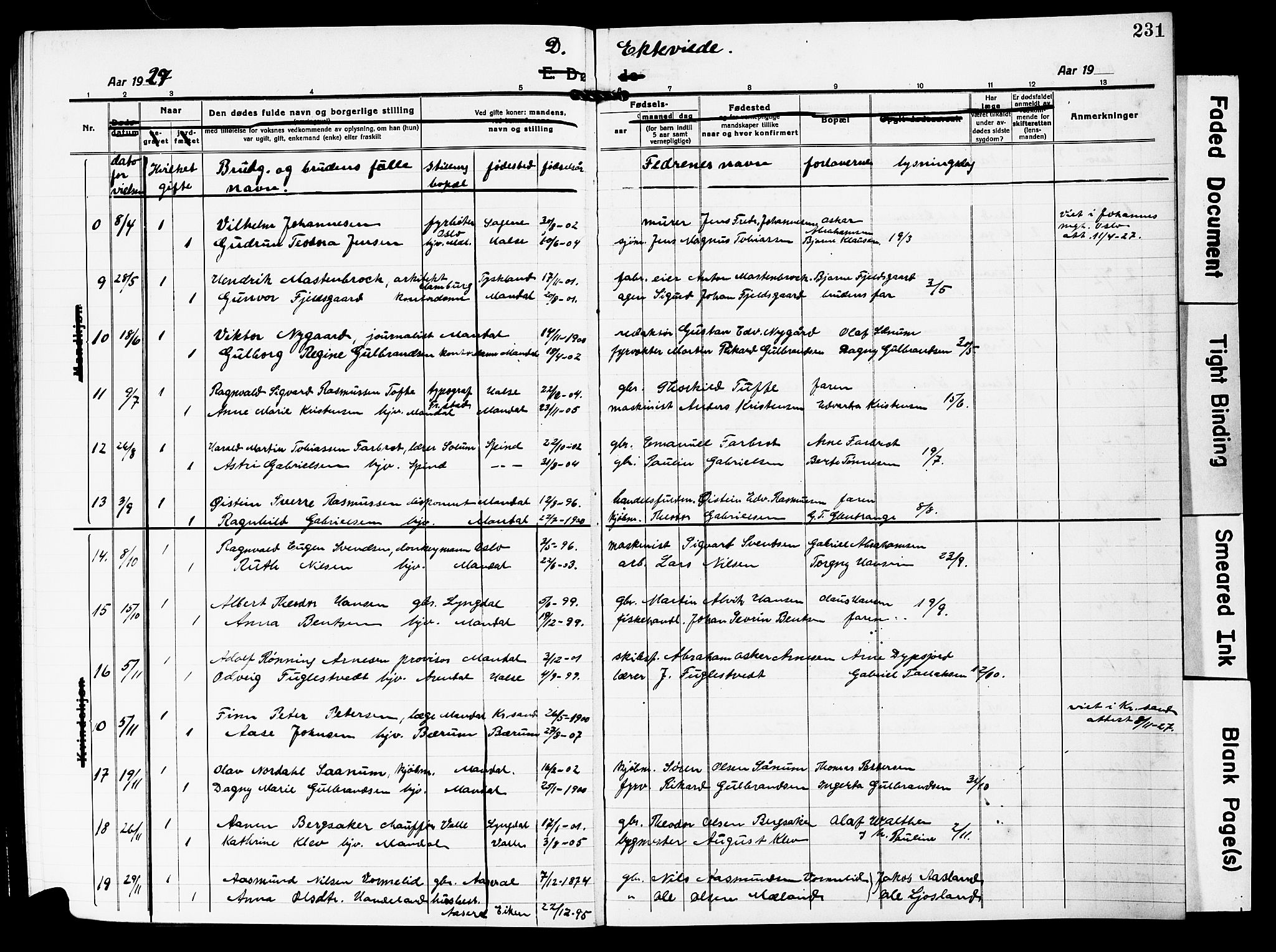 Mandal sokneprestkontor, AV/SAK-1111-0030/F/Fb/Fbc/L0001: Klokkerbok nr. B 1, 1918-1931, s. 231