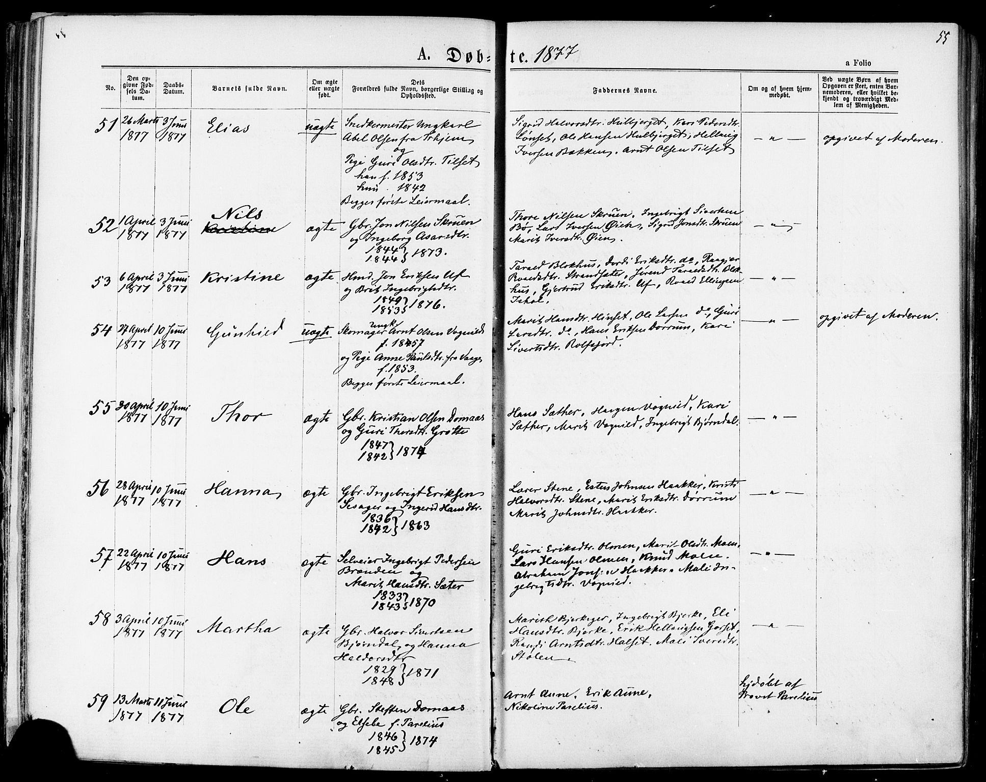 Ministerialprotokoller, klokkerbøker og fødselsregistre - Sør-Trøndelag, SAT/A-1456/678/L0900: Ministerialbok nr. 678A09, 1872-1881, s. 55