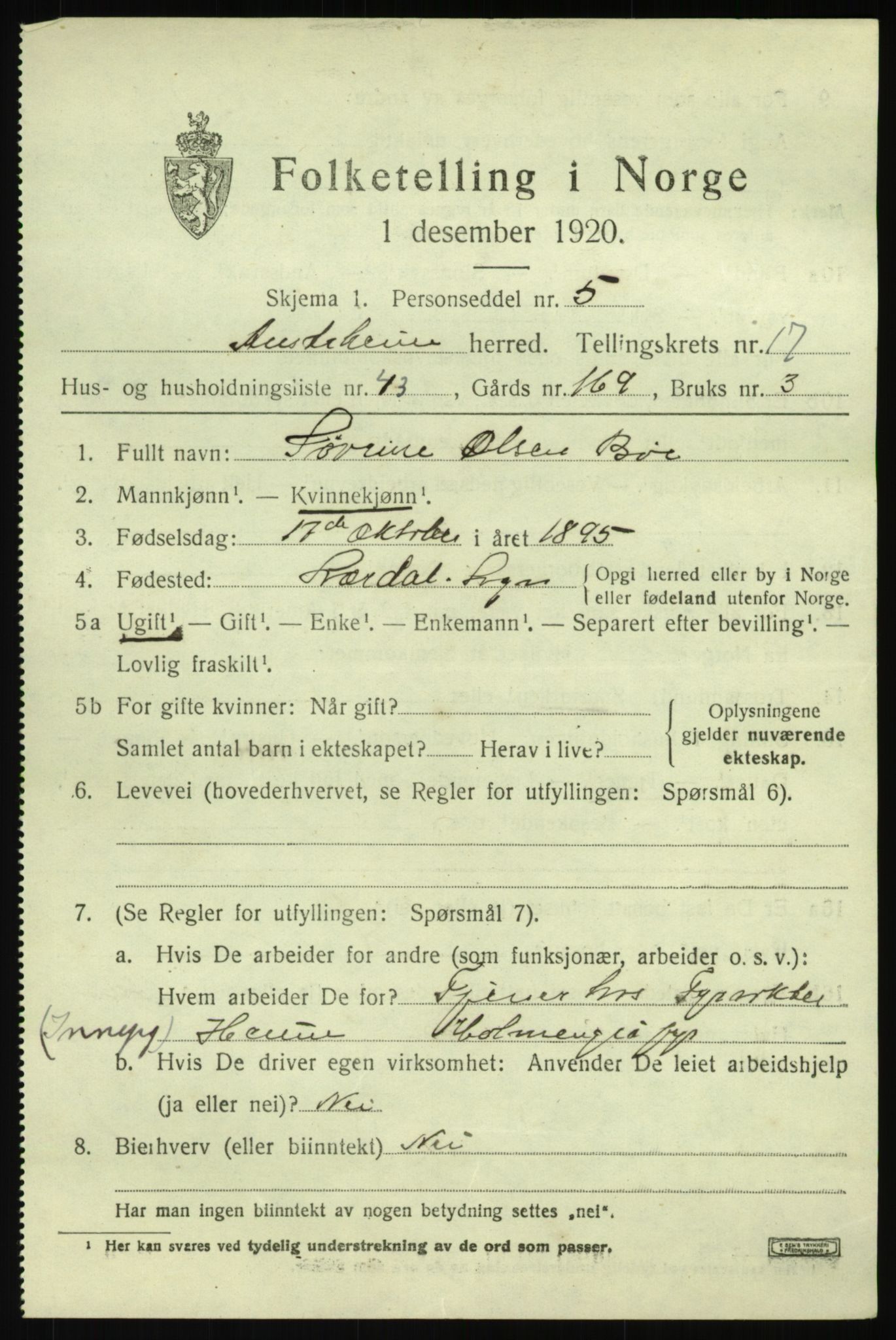 SAB, Folketelling 1920 for 1264 Austrheim herred, 1920, s. 5958