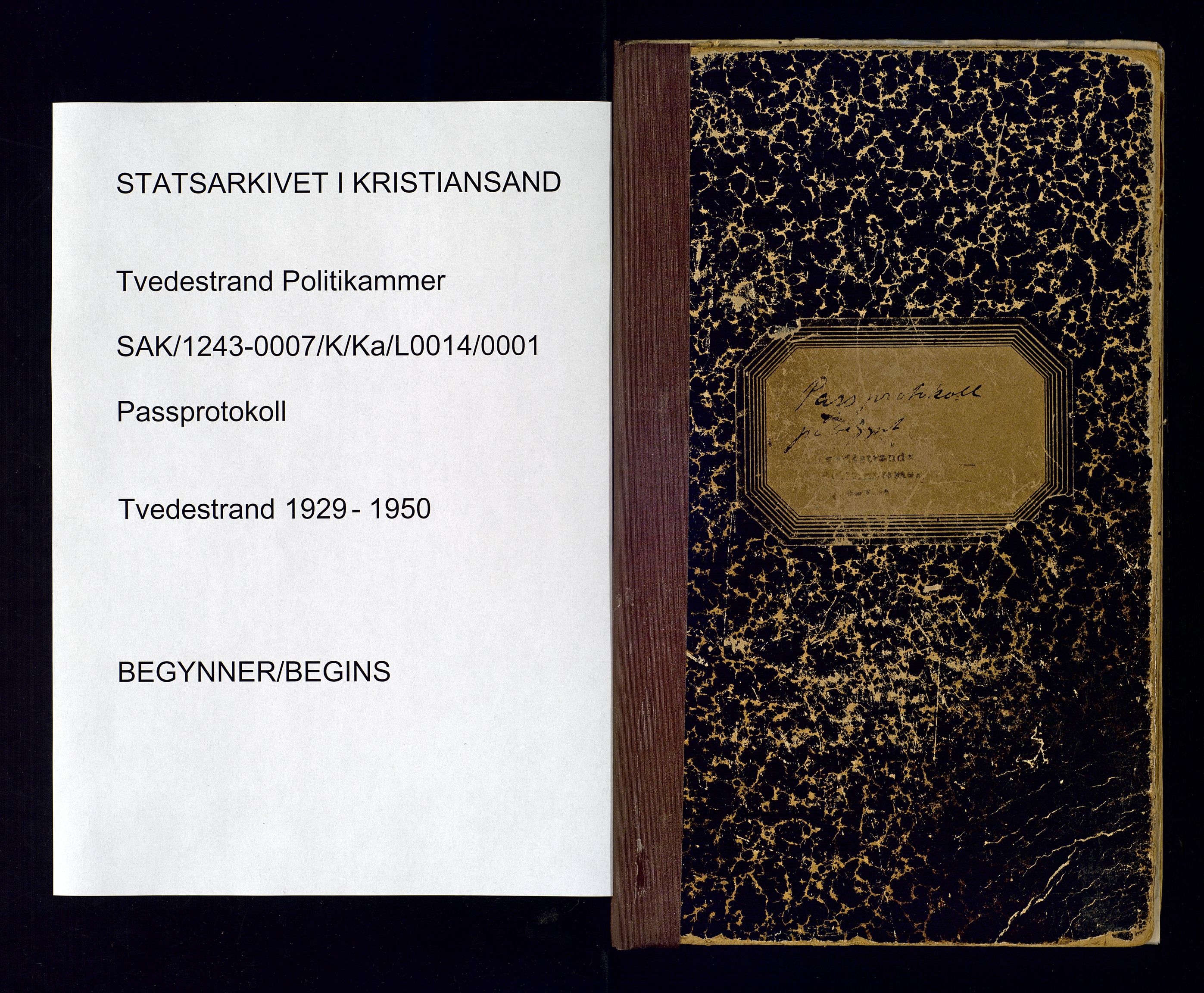Tvedestrand politistasjon, SAK/1243-0007/K/Ka/L0014/0001: Passprotokoller / Passprotokoll, 1929-1950, s. 1