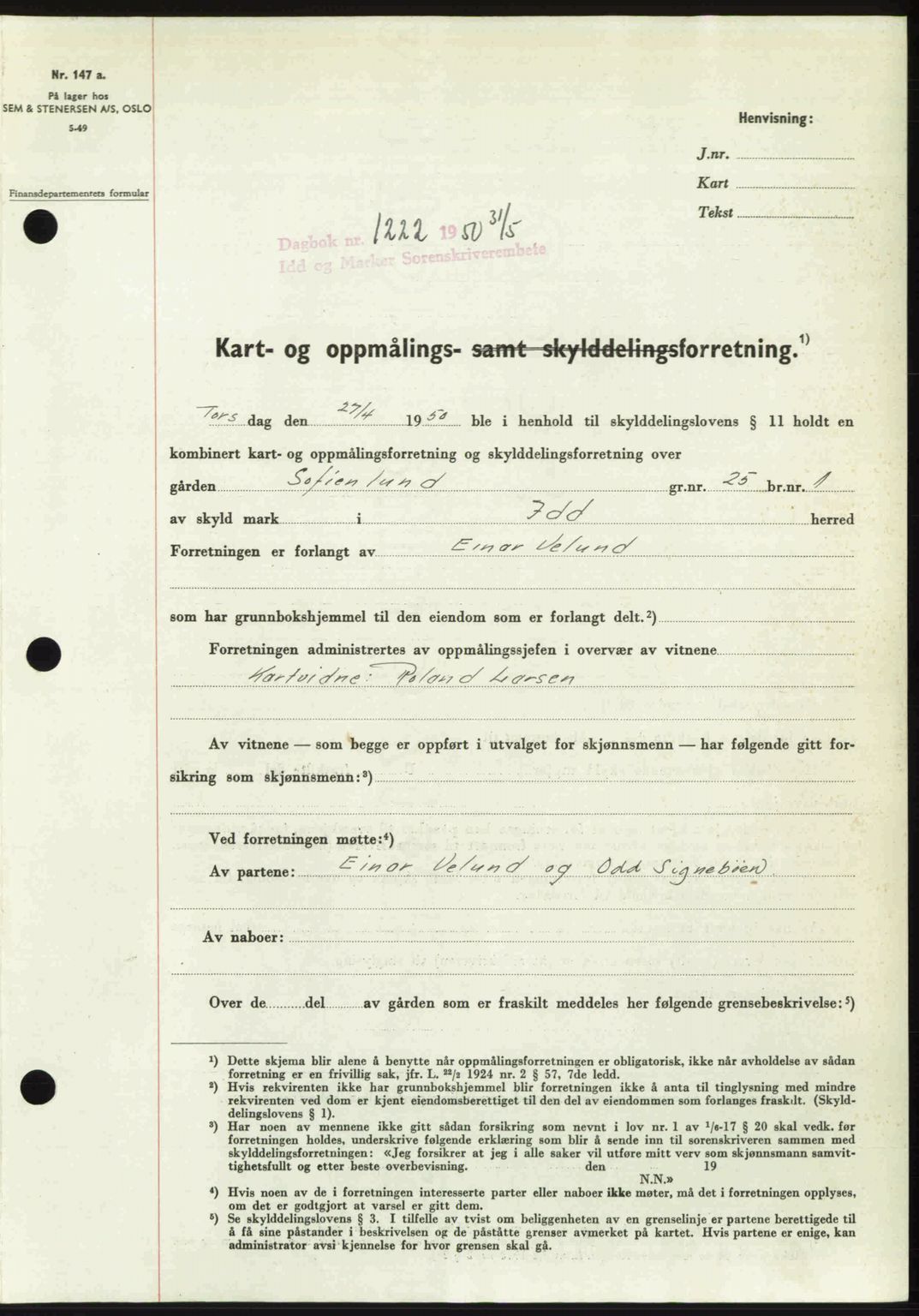 Idd og Marker sorenskriveri, AV/SAO-A-10283/G/Gb/Gbb/L0014: Pantebok nr. A14, 1950-1950, Dagboknr: 1222/1950