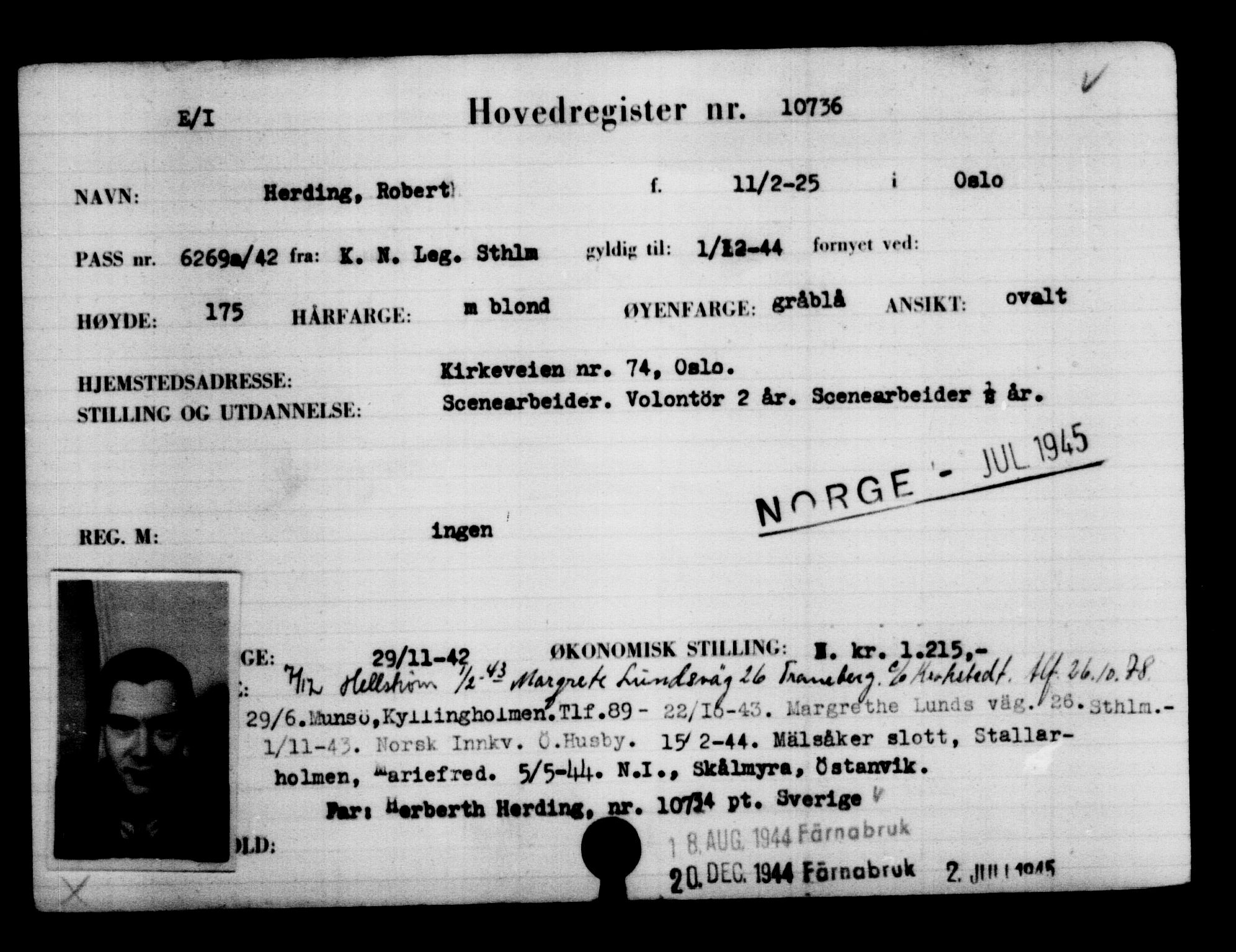 Utenriksstasjonene, Legasjonen i Stockholm, Flyktningkontoret, AV/RA-S-6753/V/Va/L0006: Kjesäterkartoteket, flyktninger med registreringsnr. 9400-12711, 1940-1945, s. 1540