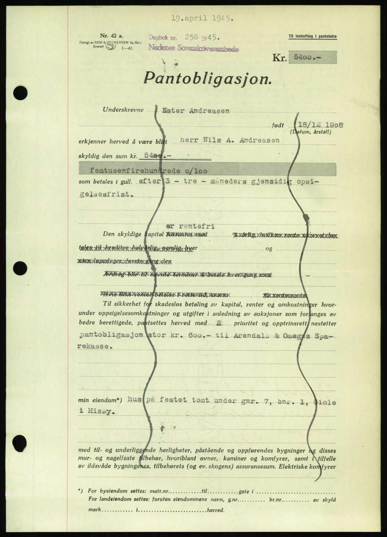 Nedenes sorenskriveri, SAK/1221-0006/G/Gb/Gbb/L0002: Pantebok nr. II, 1942-1945, Dagboknr: 258/1945