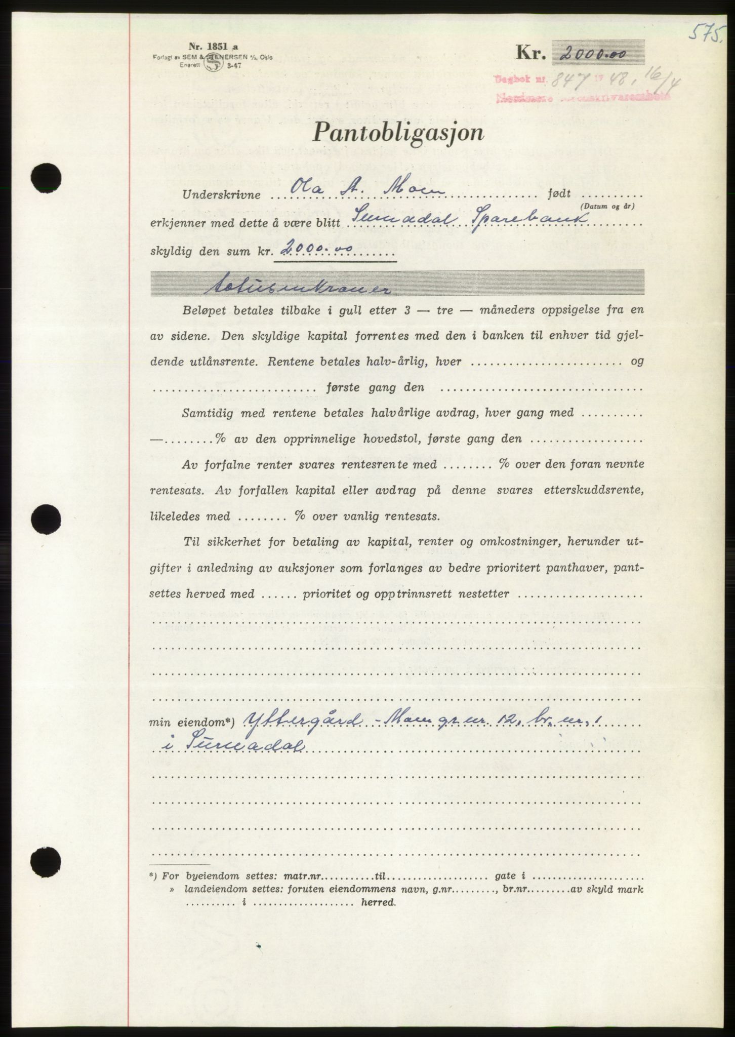 Nordmøre sorenskriveri, AV/SAT-A-4132/1/2/2Ca: Pantebok nr. B98, 1948-1948, Dagboknr: 847/1948