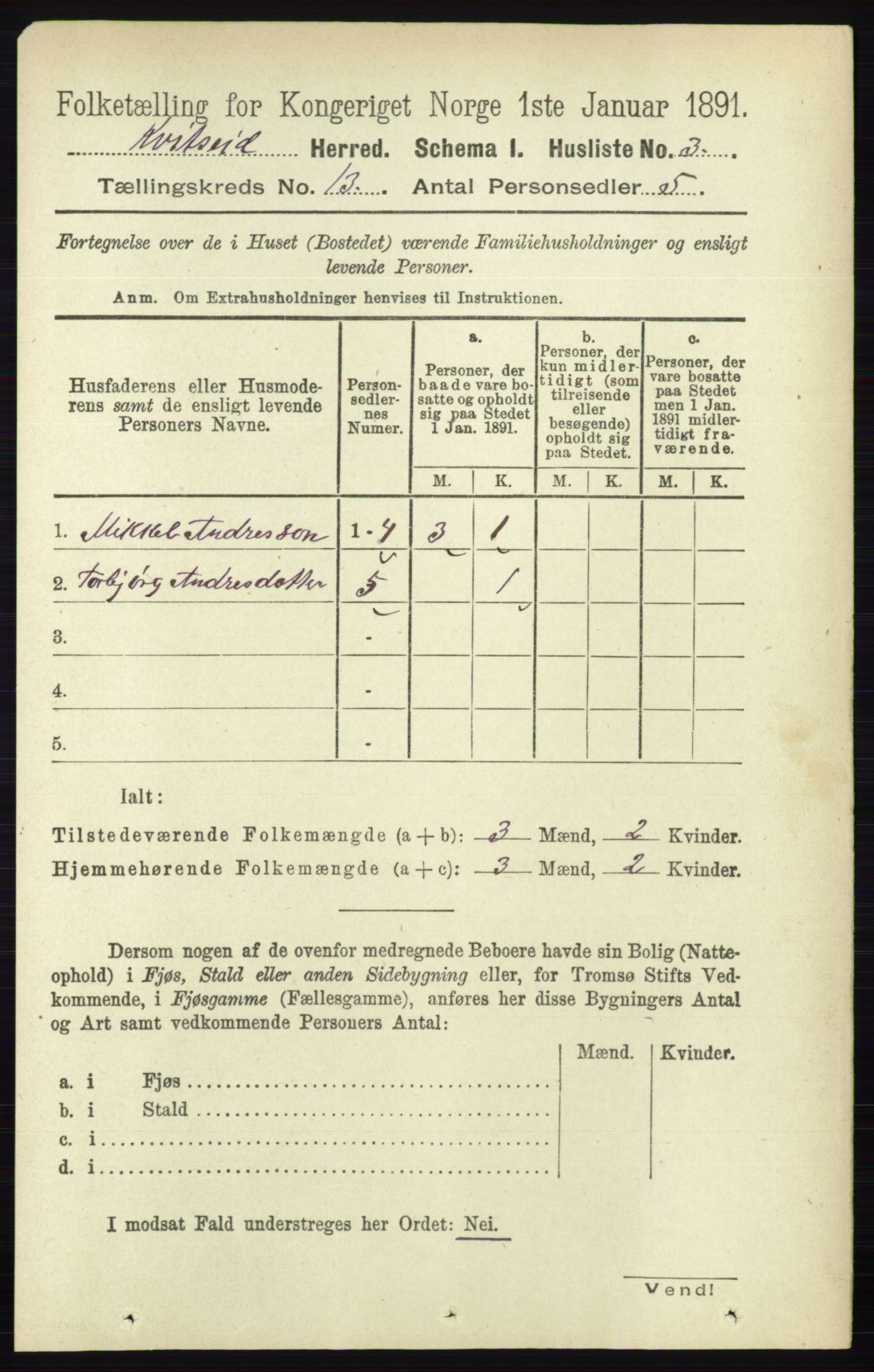 RA, Folketelling 1891 for 0829 Kviteseid herred, 1891, s. 3042