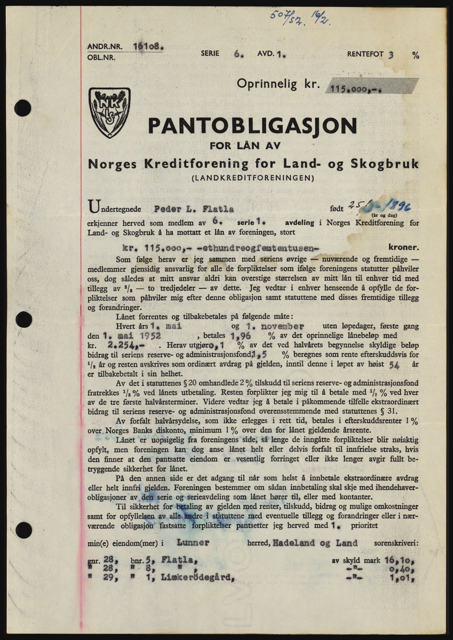 Hadeland og Land tingrett, SAH/TING-010/H/Hb/Hbc/L0023: Pantebok nr. B23, 1952-1952, Dagboknr: 507/1952