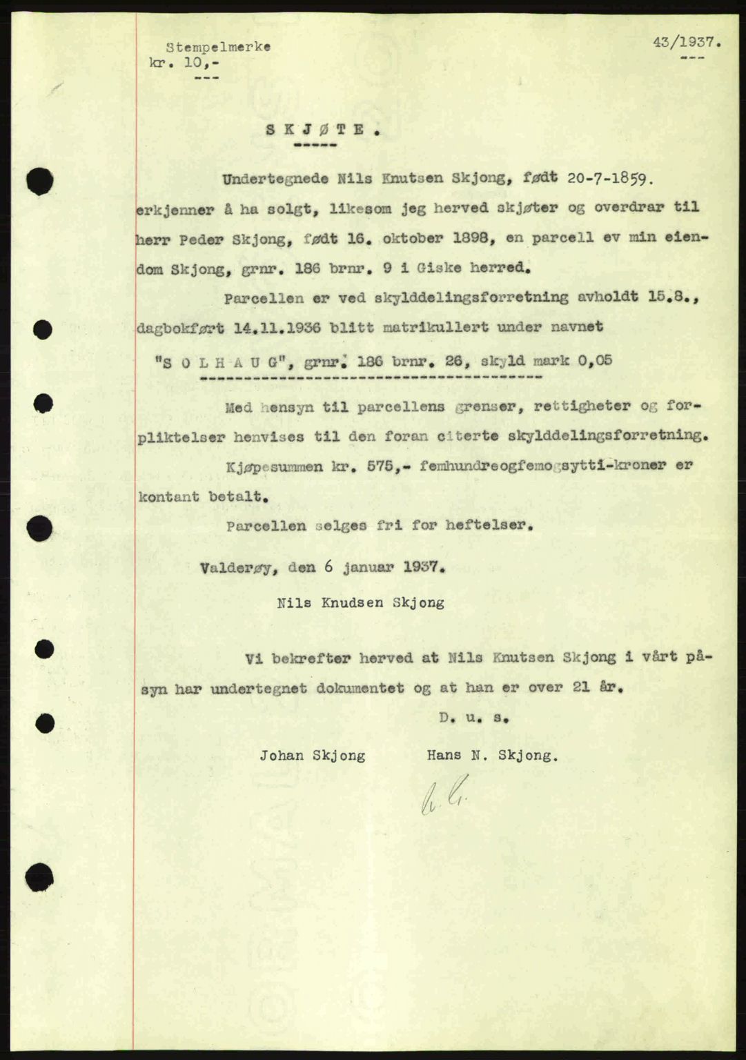 Nordre Sunnmøre sorenskriveri, SAT/A-0006/1/2/2C/2Ca: Pantebok nr. A2, 1936-1937, Dagboknr: 43/1937