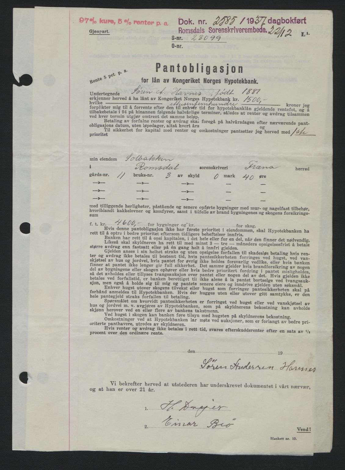 Romsdal sorenskriveri, SAT/A-4149/1/2/2C: Pantebok nr. B1, 1936-1939, Dagboknr: 2585/1937