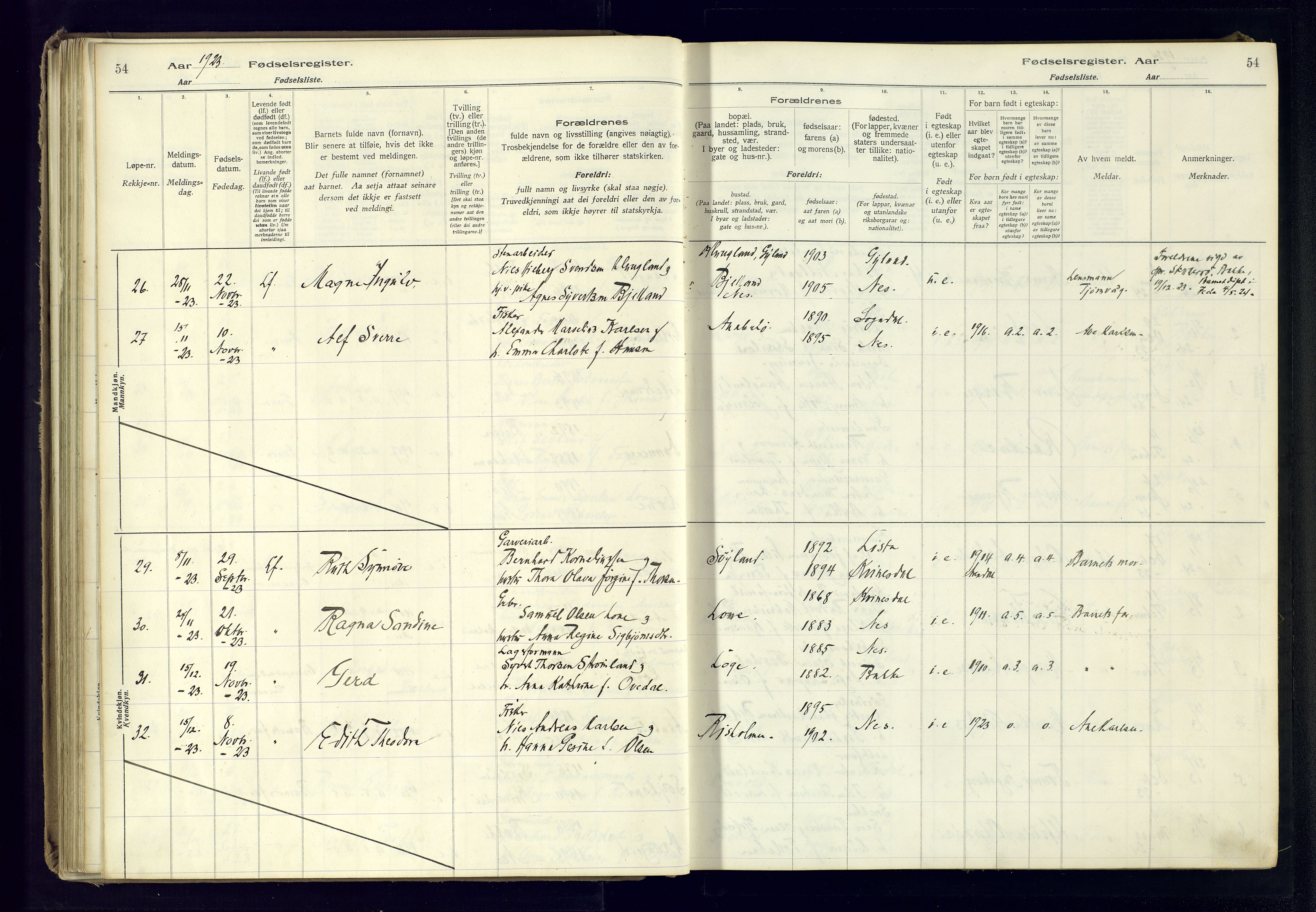 Flekkefjord sokneprestkontor, AV/SAK-1111-0012/J/Ja/L0005: Fødselsregister nr. 5, 1916-1950, s. 54