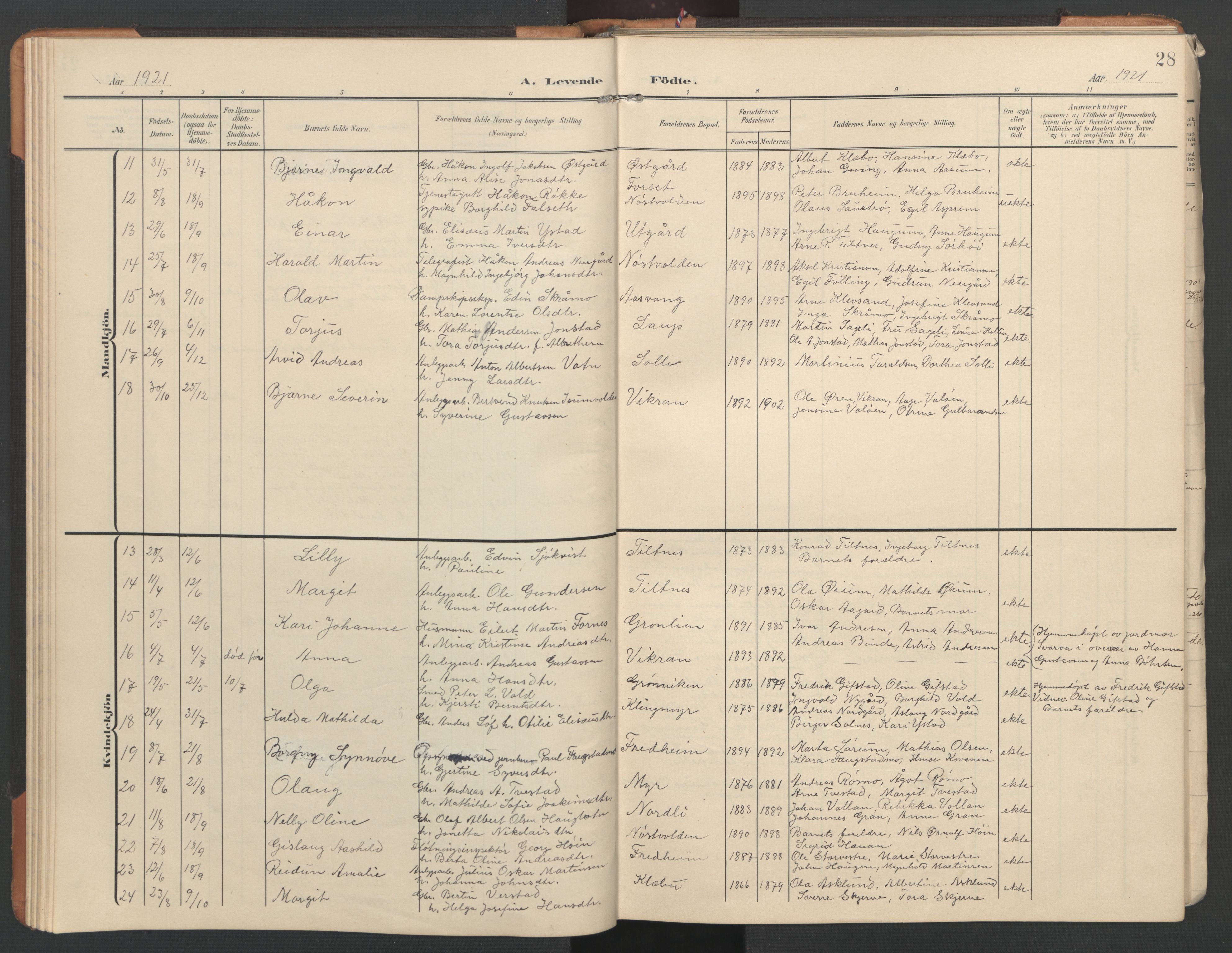 Ministerialprotokoller, klokkerbøker og fødselsregistre - Nord-Trøndelag, SAT/A-1458/746/L0455: Klokkerbok nr. 746C01, 1908-1933, s. 28
