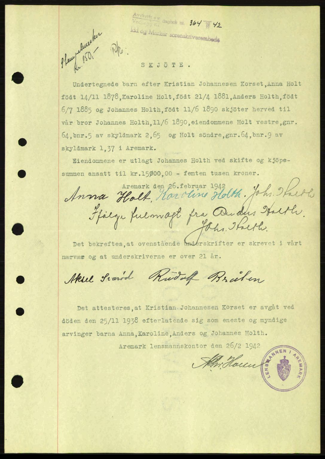 Idd og Marker sorenskriveri, AV/SAO-A-10283/G/Gb/Gbb/L0005: Pantebok nr. A5, 1941-1943, Dagboknr: 364/1942