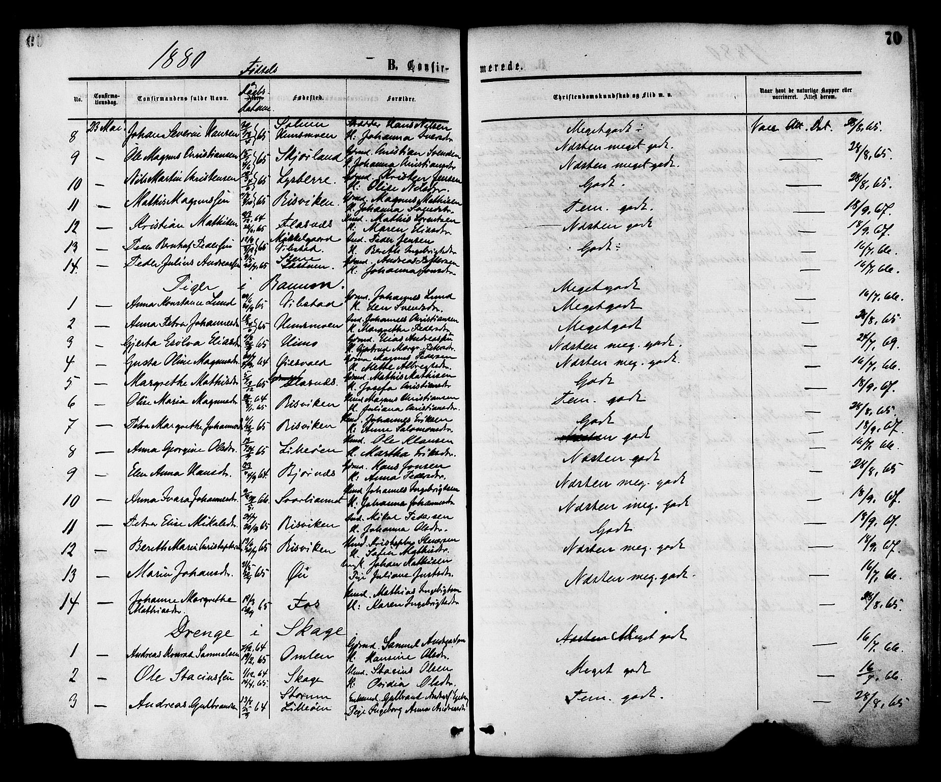 Ministerialprotokoller, klokkerbøker og fødselsregistre - Nord-Trøndelag, AV/SAT-A-1458/764/L0553: Ministerialbok nr. 764A08, 1858-1880, s. 70