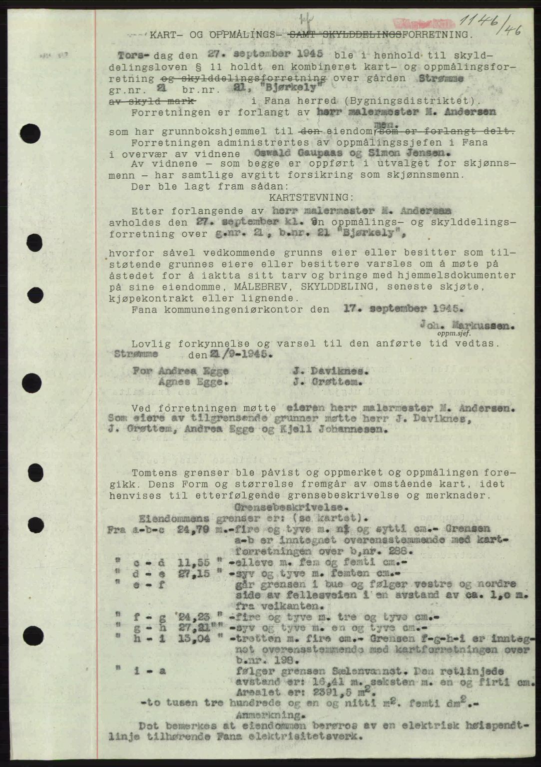 Midhordland sorenskriveri, AV/SAB-A-3001/1/G/Gb/Gbj/L0022: Pantebok nr. A41-43, 1946-1946, Dagboknr: 1146/1946